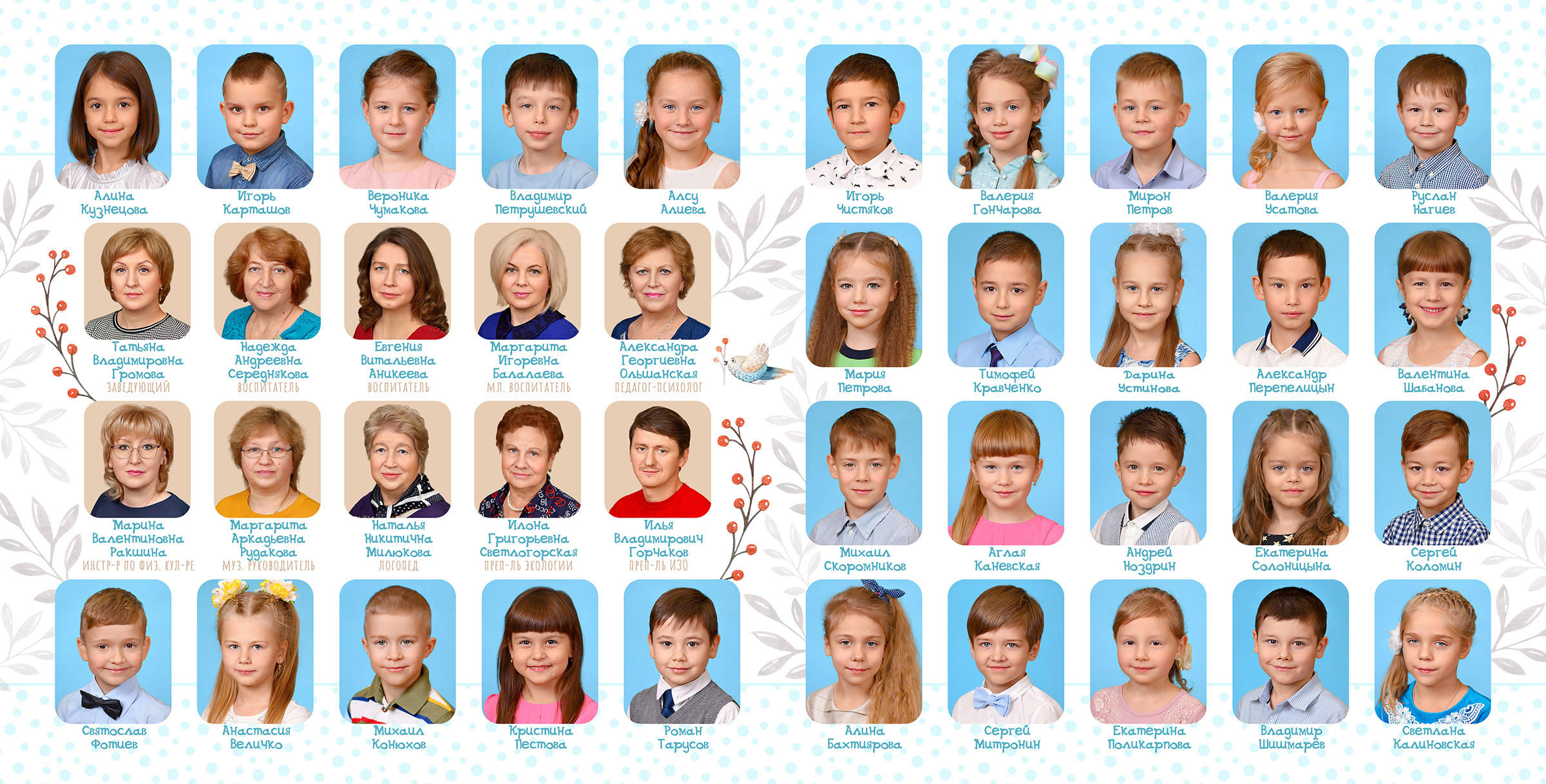 Виньетка выпускного альбома для детского сада, включающая портреты детей, воспитателей и педагогов.