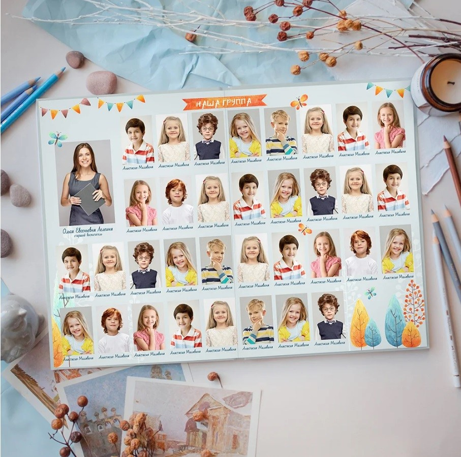 Разворот фотоальбома для выпускников детского сада с воспитателями и детьми.