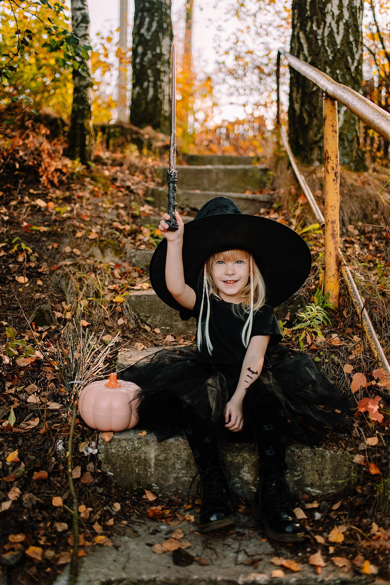 halloween magic cute kid photo little witch pumpkin autumn