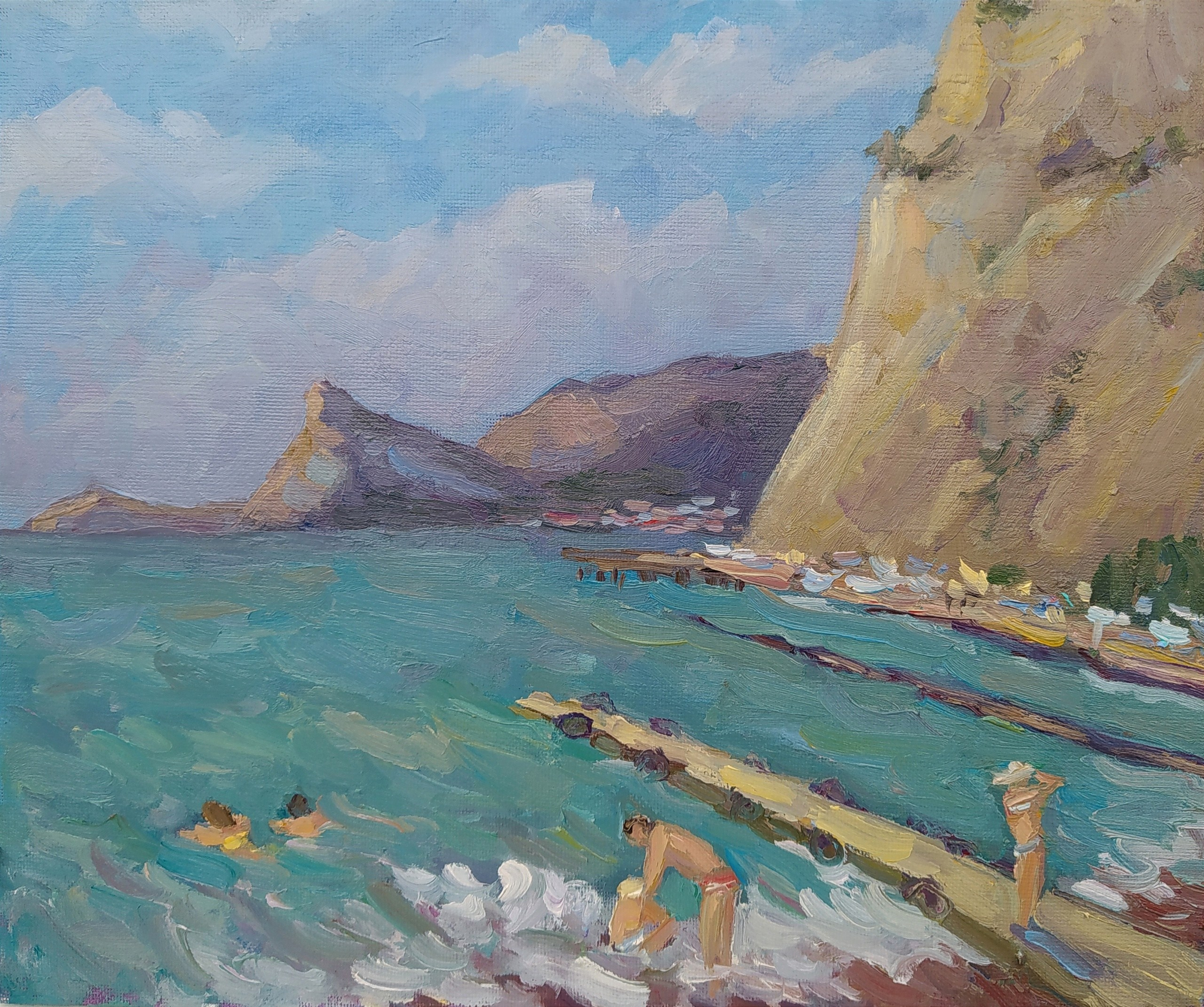 Небольшая картина маслом - Две яркие лодки на озере, импрессионизм