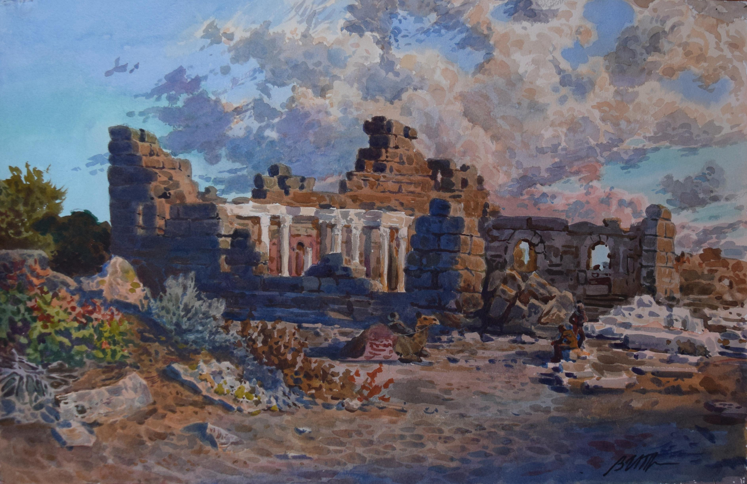 Акварель. Пейзаж. Картина. Турция. Сиде. Руины, библиотека и нимфей.  Путешествия.