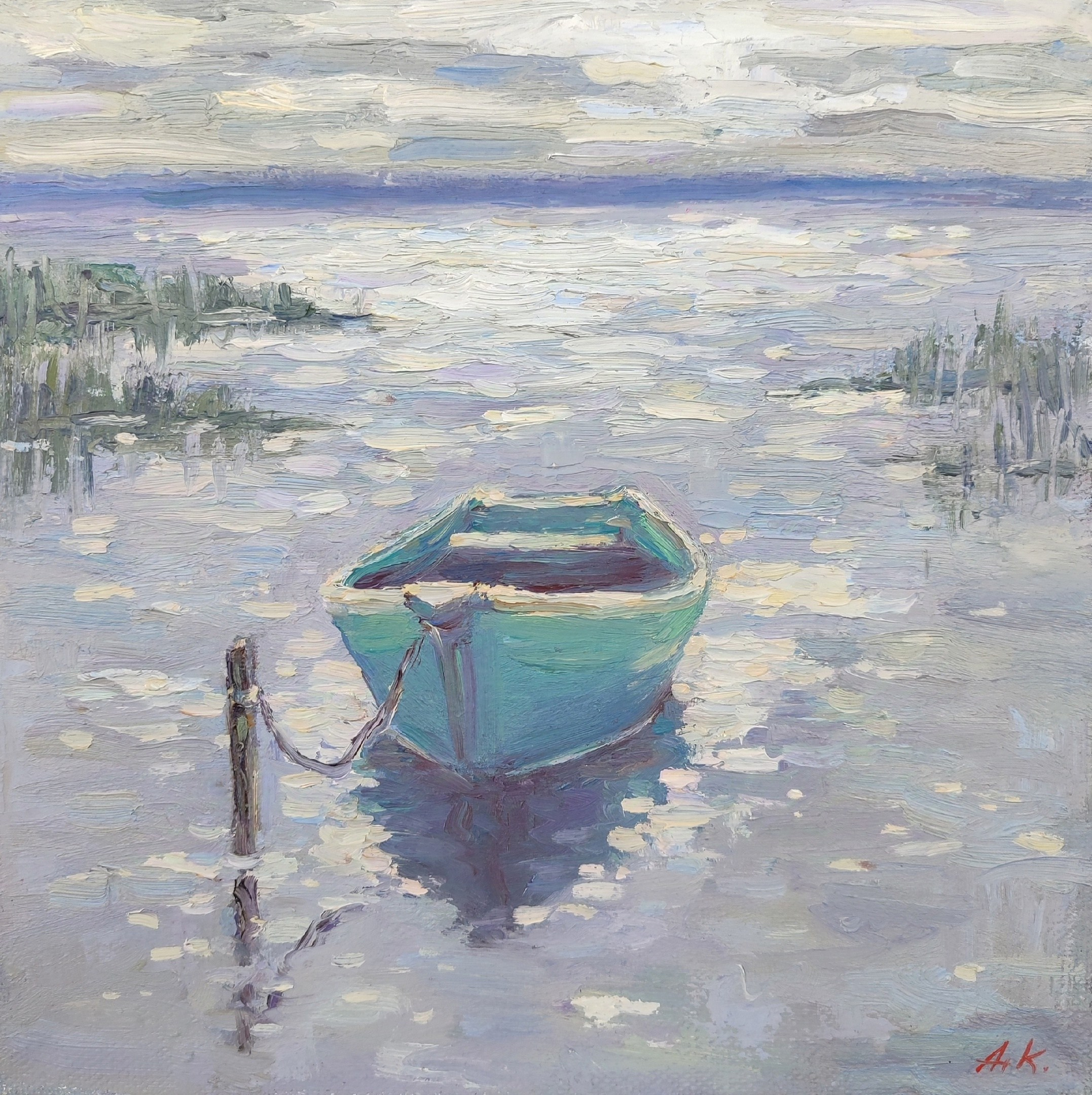 Картина на холсте маленькая - Лодочка на воде в бликах солнца