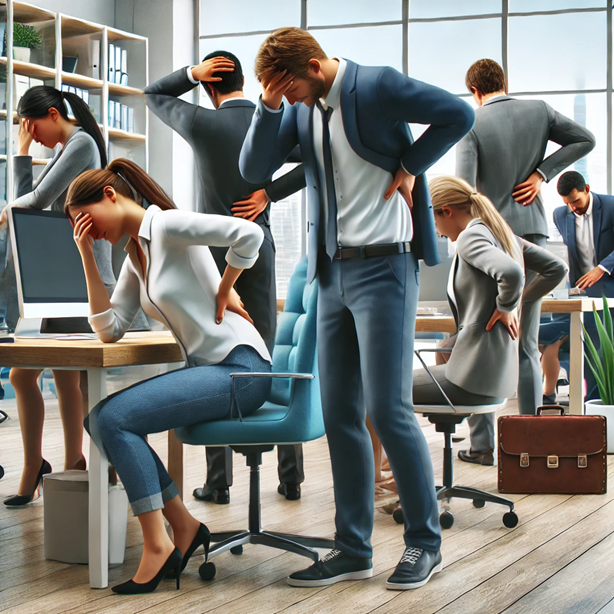 Вот изображение рабочего коллектива, где у каждого сотрудника что-то болит – от головы до ног.