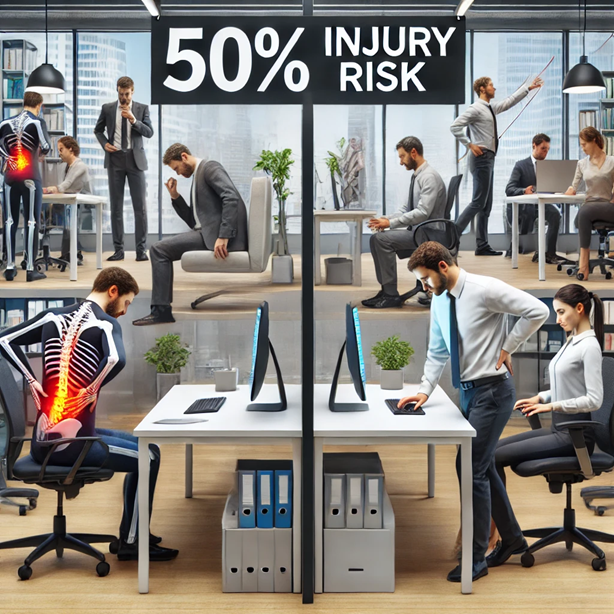 На изображении показано сравнение "до и после" с визуальным обозначением снижения риска травм на 50%. 