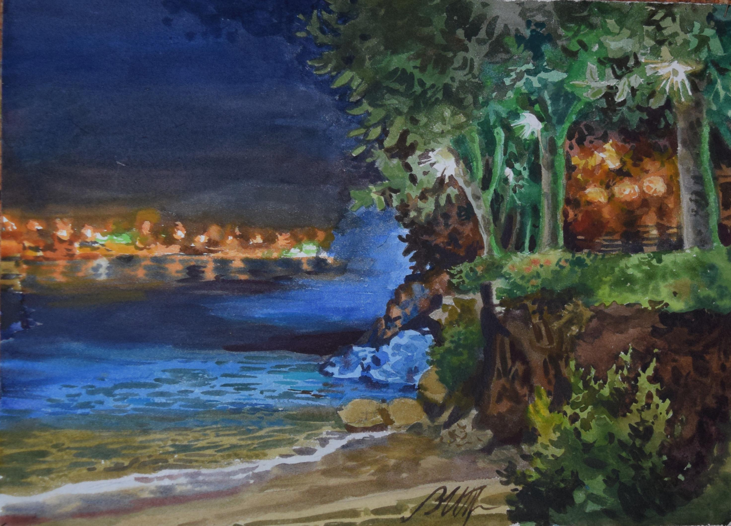 Акварель. Пейзаж. Картина. Турция. Сиде. Путешествия. Ночной город, набережная. Ночные огни.