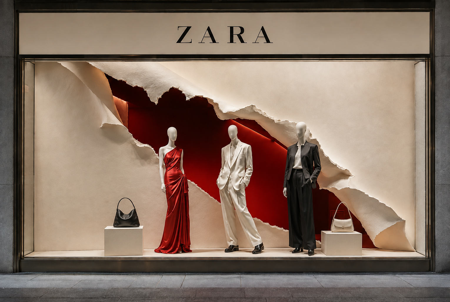 ZARA — Разрыв плоскости. Независимая концепция витрины MARUK, AI-визуализация.