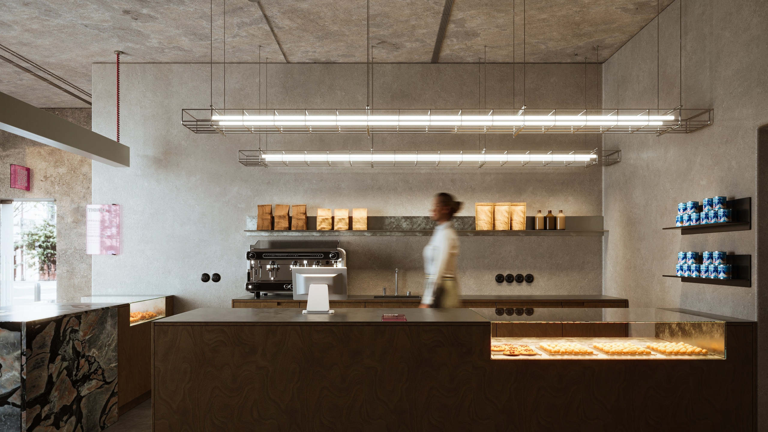 Oreshek cafe counter with an espresso machine and open shelving
