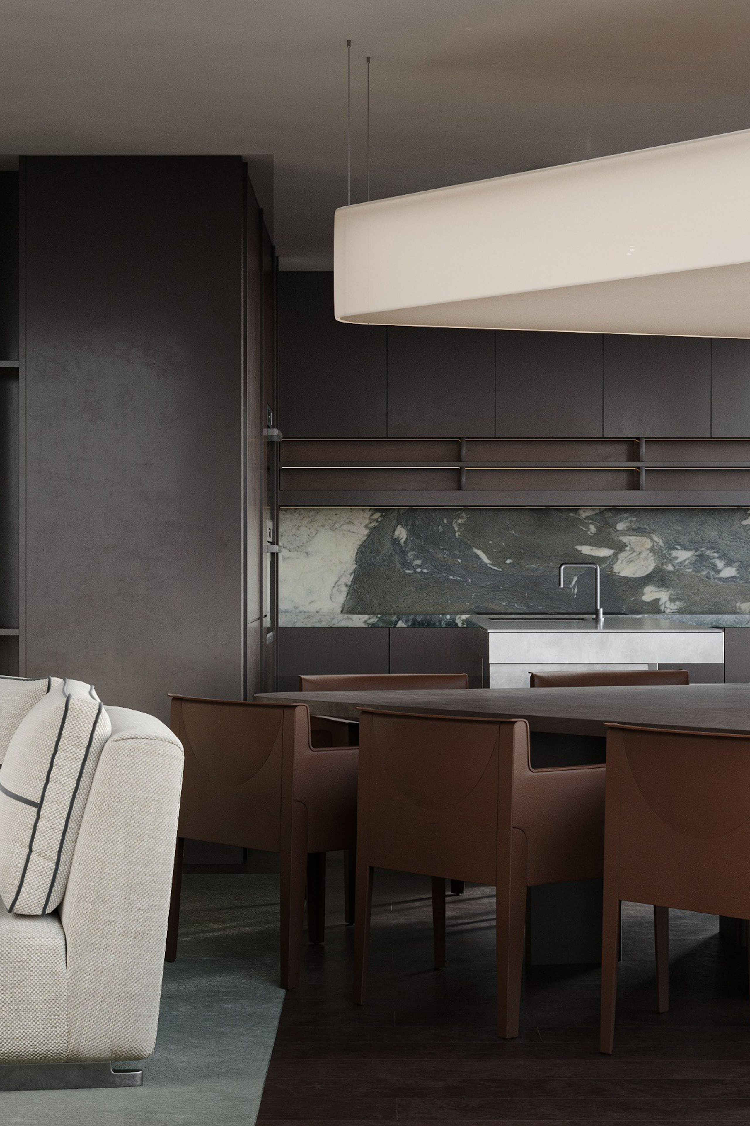 ПРОЕКТ • ЖК «ОСТРОВ» Квартира 119 м² 3D визуализация интерьера Гостиная / Living Room. Ксения. 3D‑визуализатор