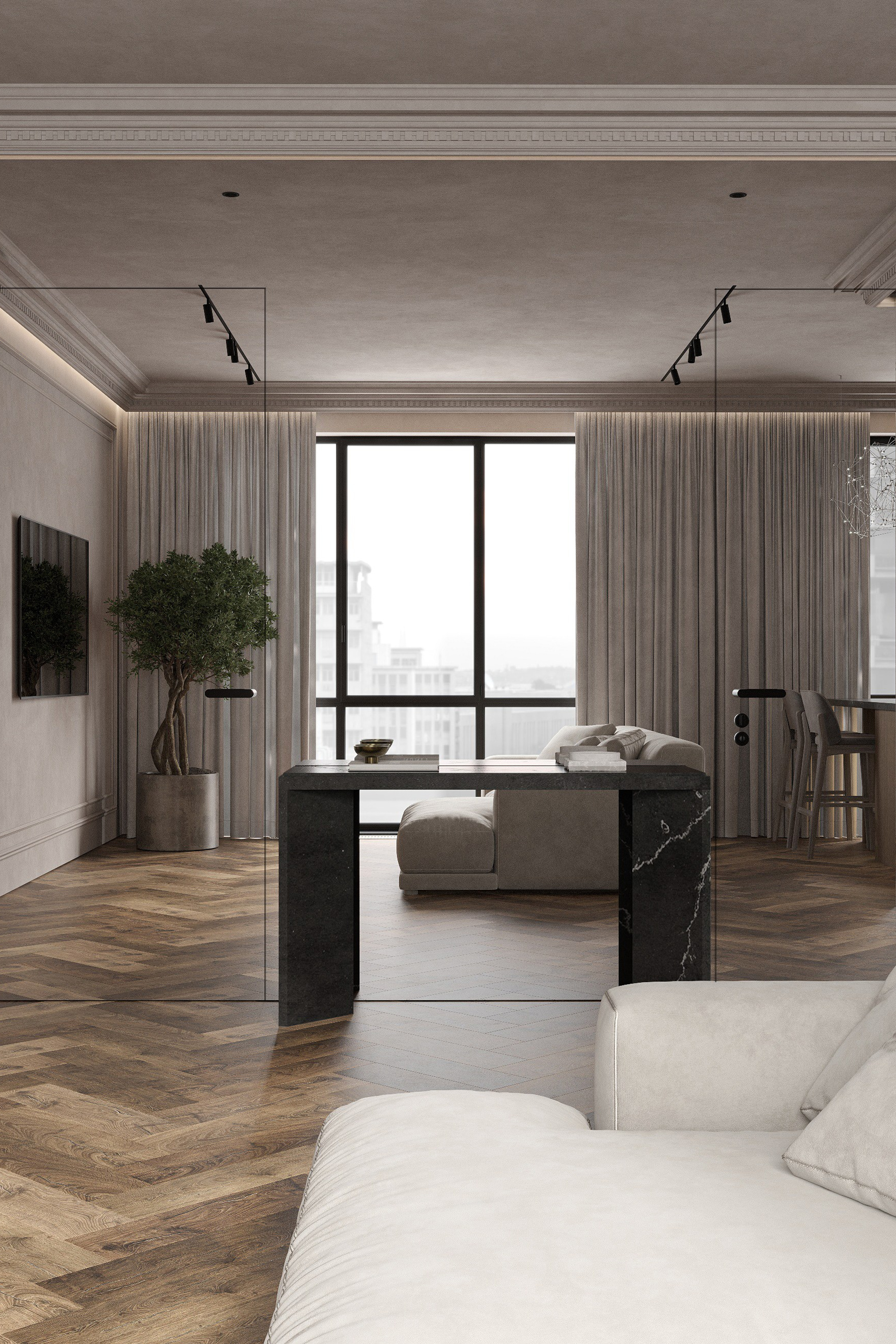 Гостиная 35 м² ЖК Павелецкая Сити. Ксения. 3D‑визуализатор