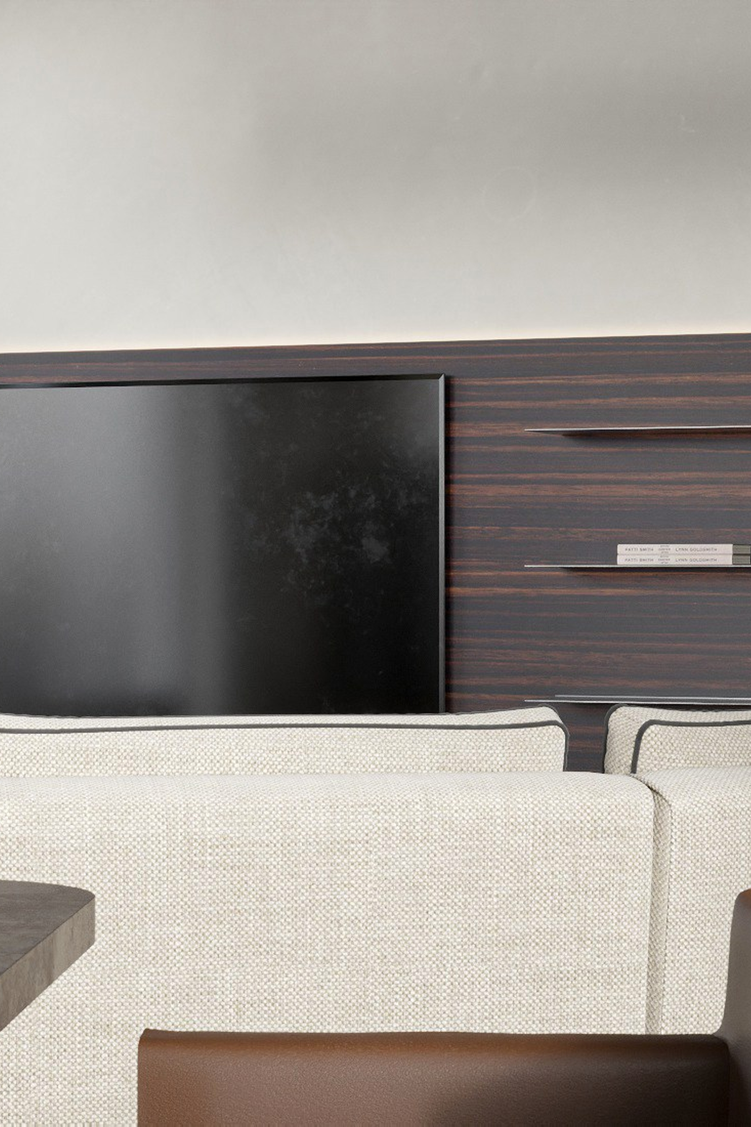 ПРОЕКТ • ЖК «ОСТРОВ» Квартира 119 м² 3D визуализация интерьера Гостиная / Living Room. Ксения. 3D‑визуализатор