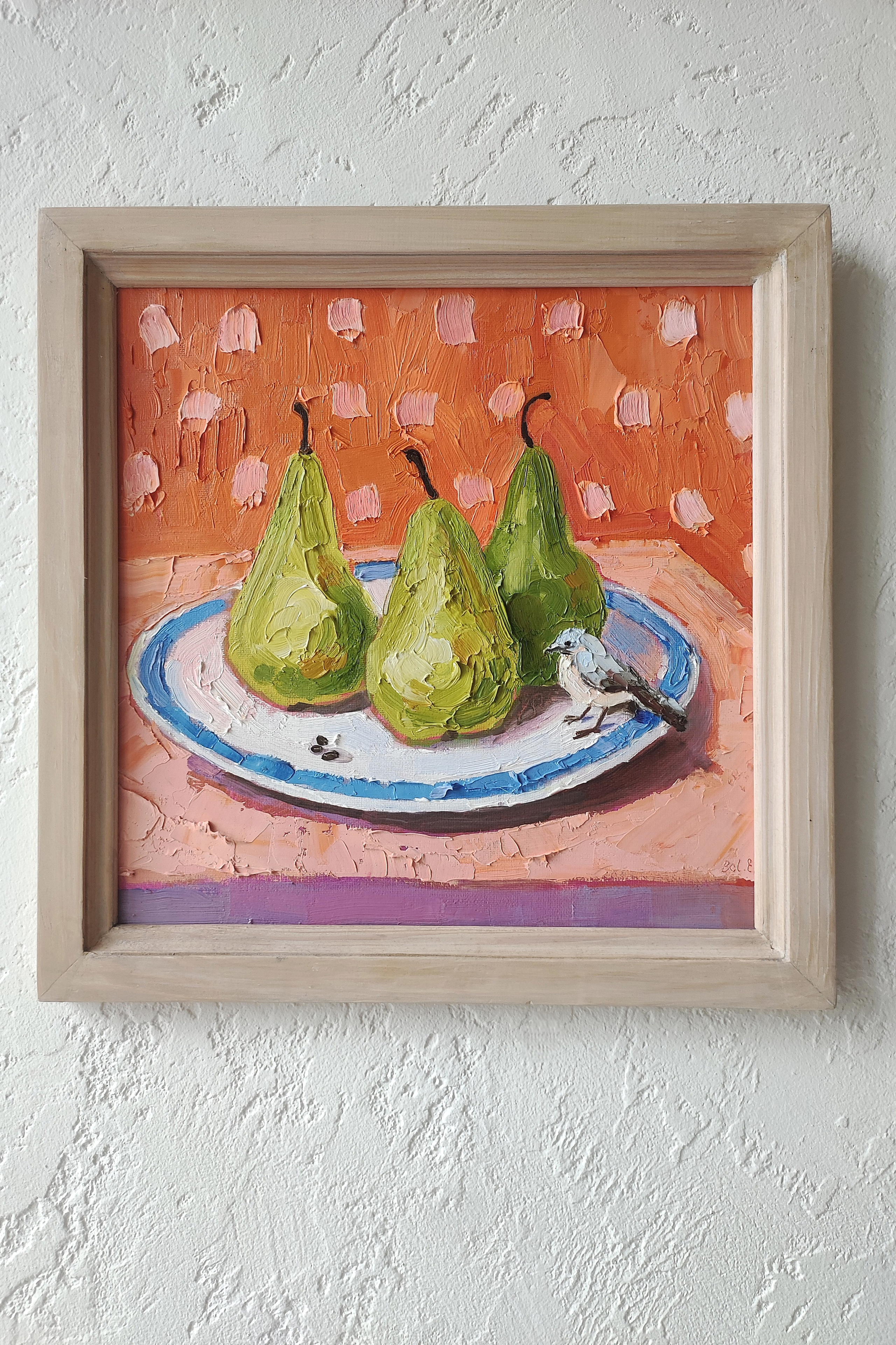 «Натюрморт с грушами и птичкой». Масло, холст на картоне, 30×30 см