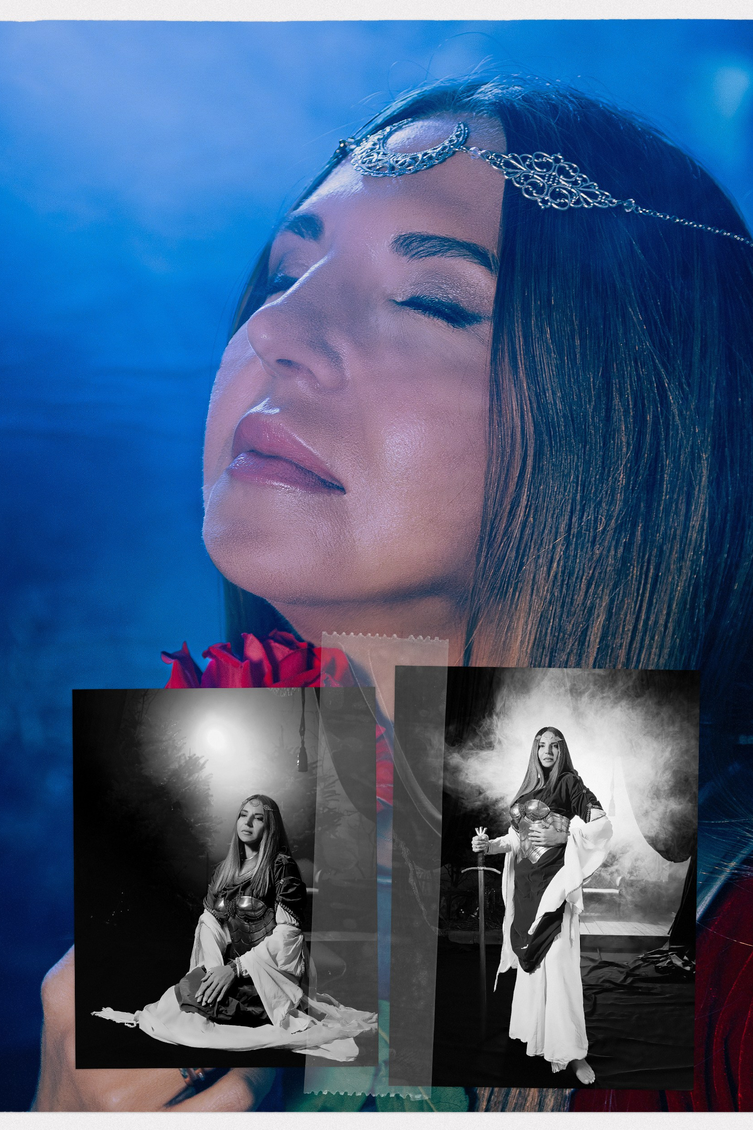 Женская фотосессия в Ростове-на-дону в образе воительницы с доспехами и мечом в поле.