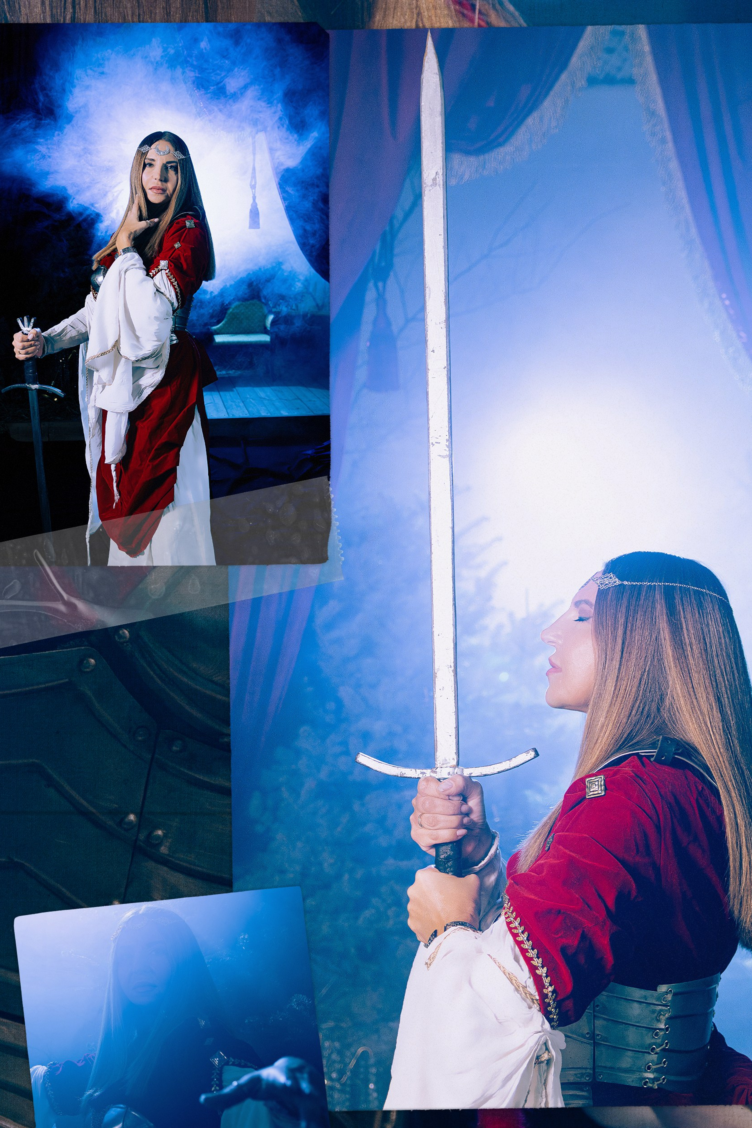 Женская фотосессия в Ростове-на-дону в образе воительницы с доспехами и мечом в поле.