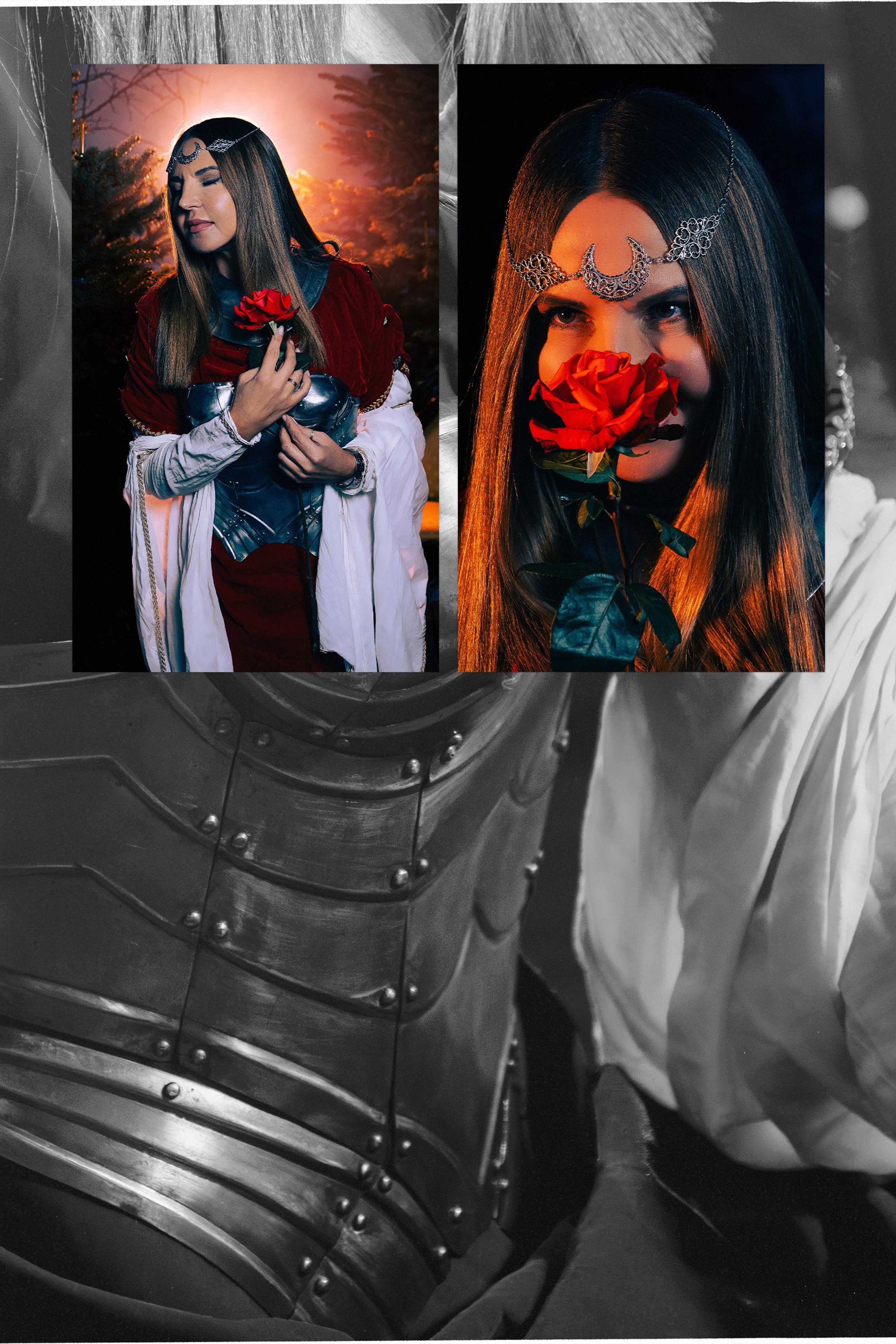 Женская фотосессия в Ростове-на-дону в образе воительницы с доспехами и мечом в поле.