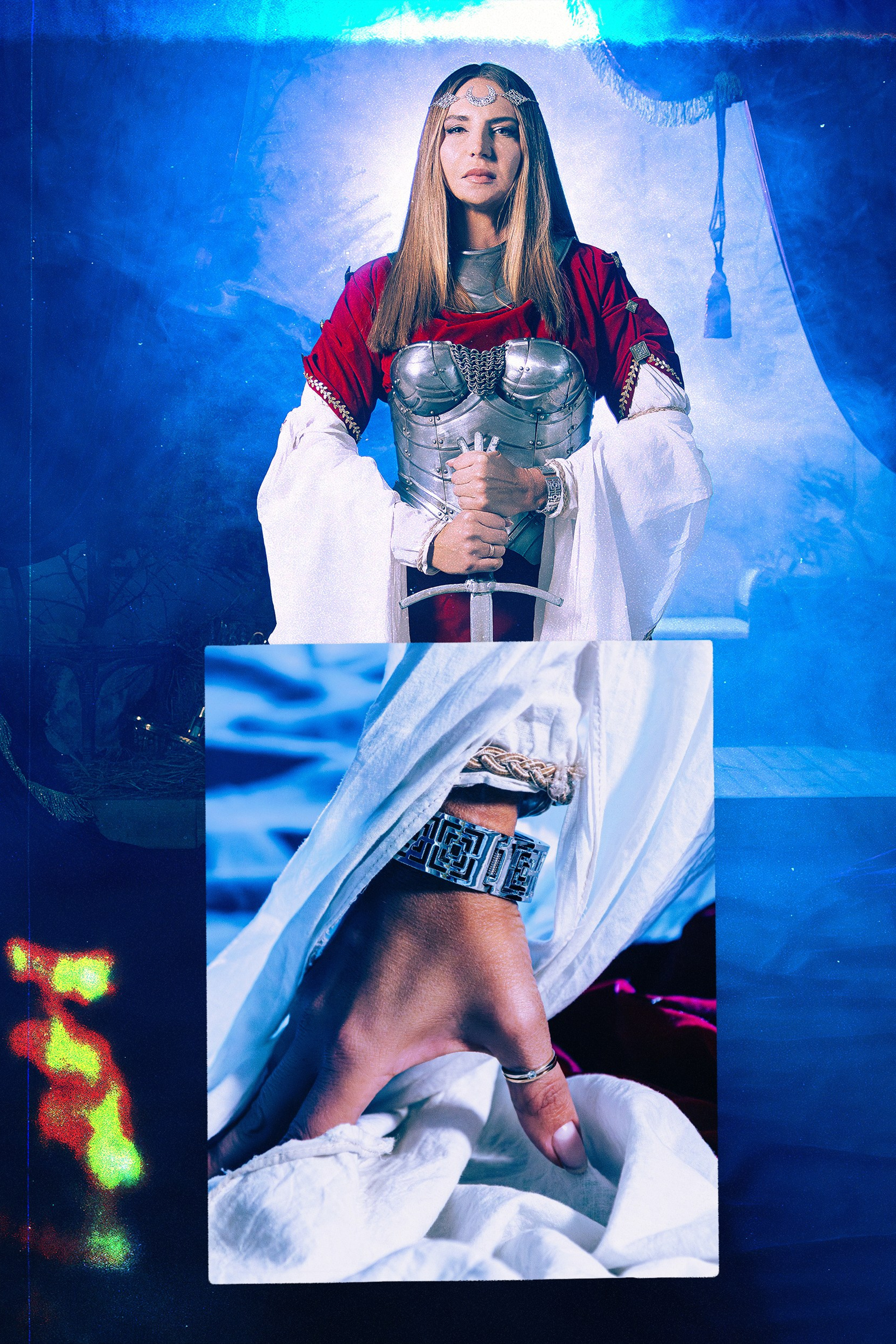 Женская фотосессия в Ростове-на-дону в образе воительницы с доспехами и мечом в поле.