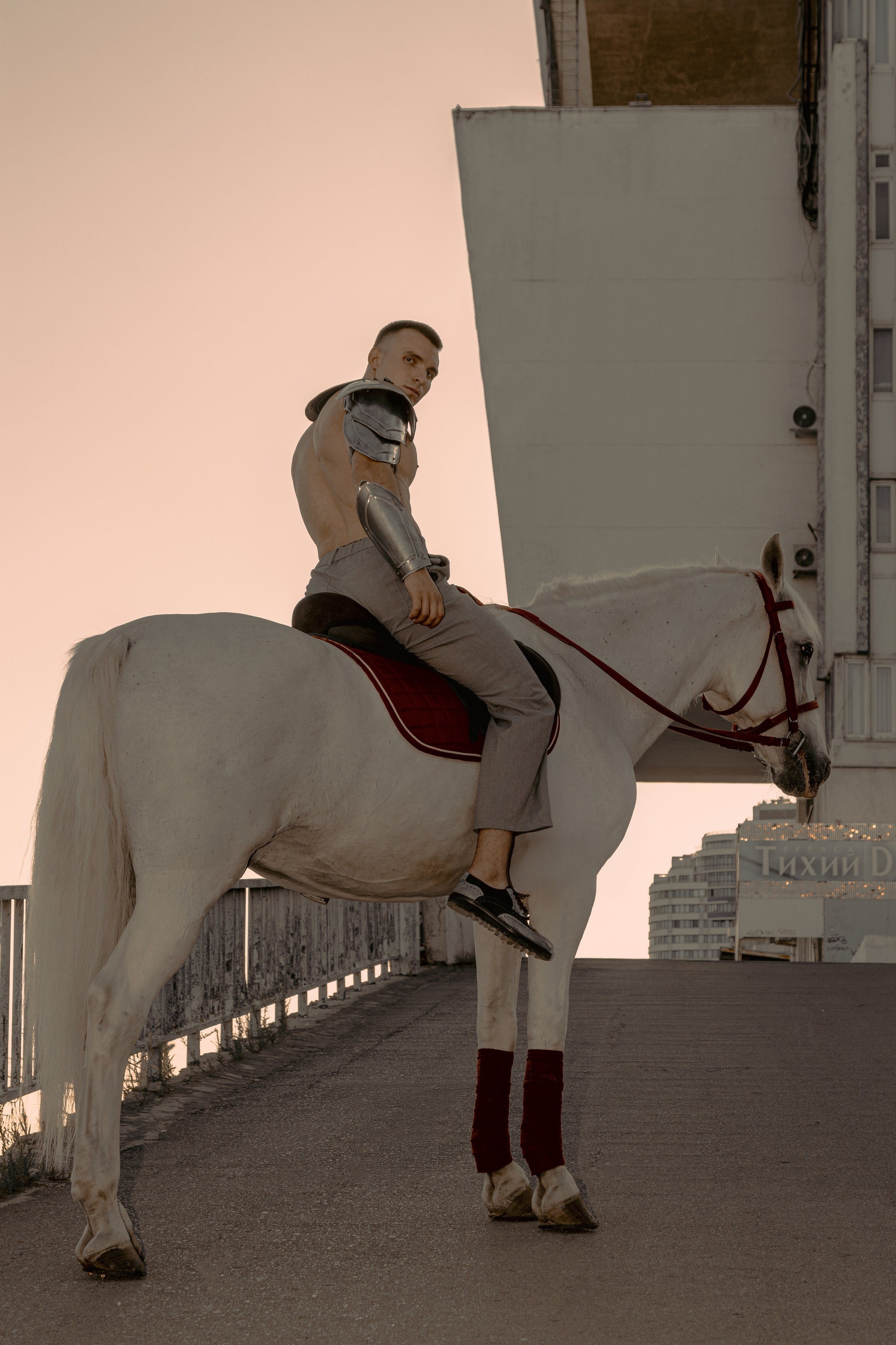 Мужской портрет в рыцарских доспехах на белом коне в городе ростов-на-Дону