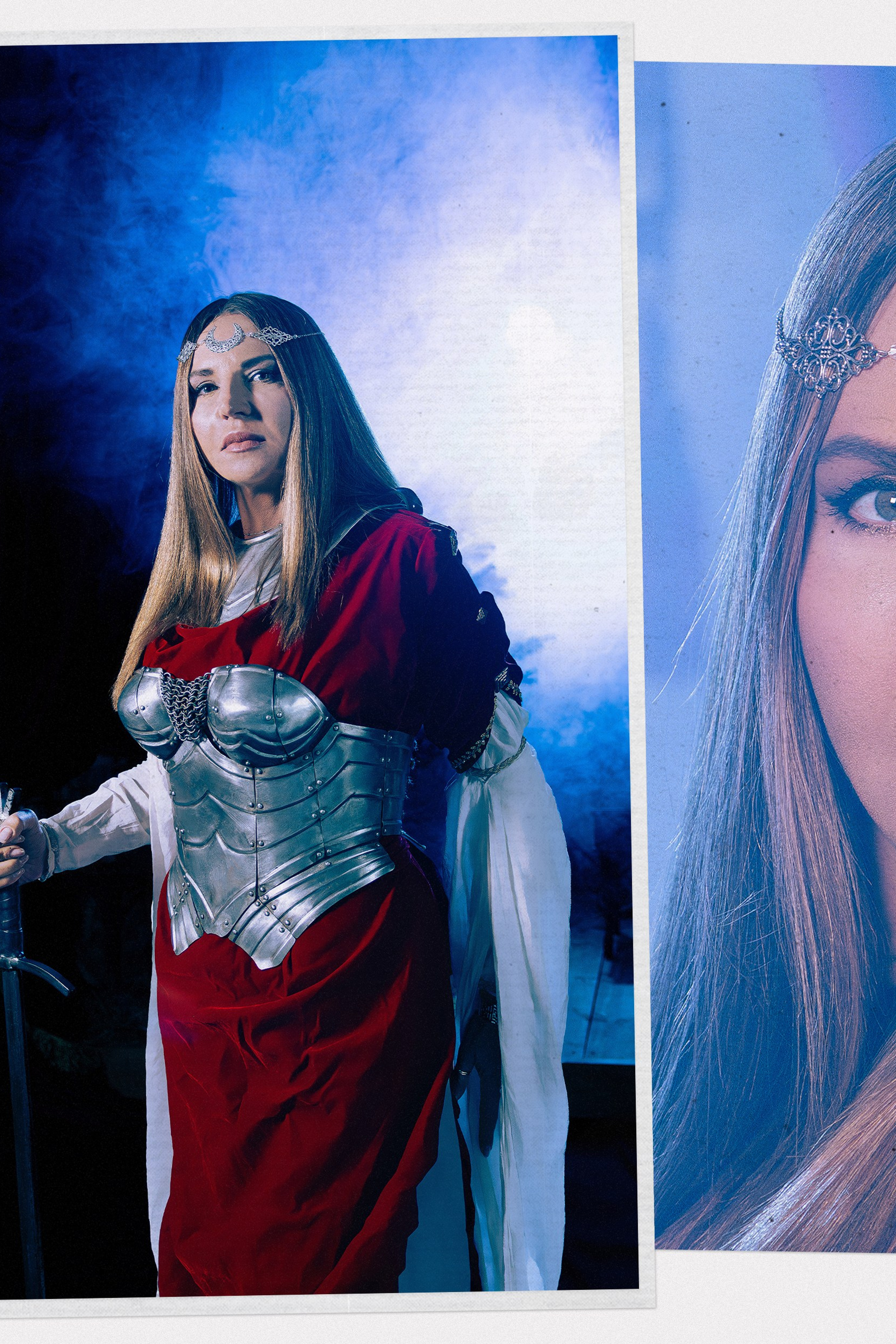 Женская фотосессия в Ростове-на-дону в образе воительницы с доспехами и мечом в поле.