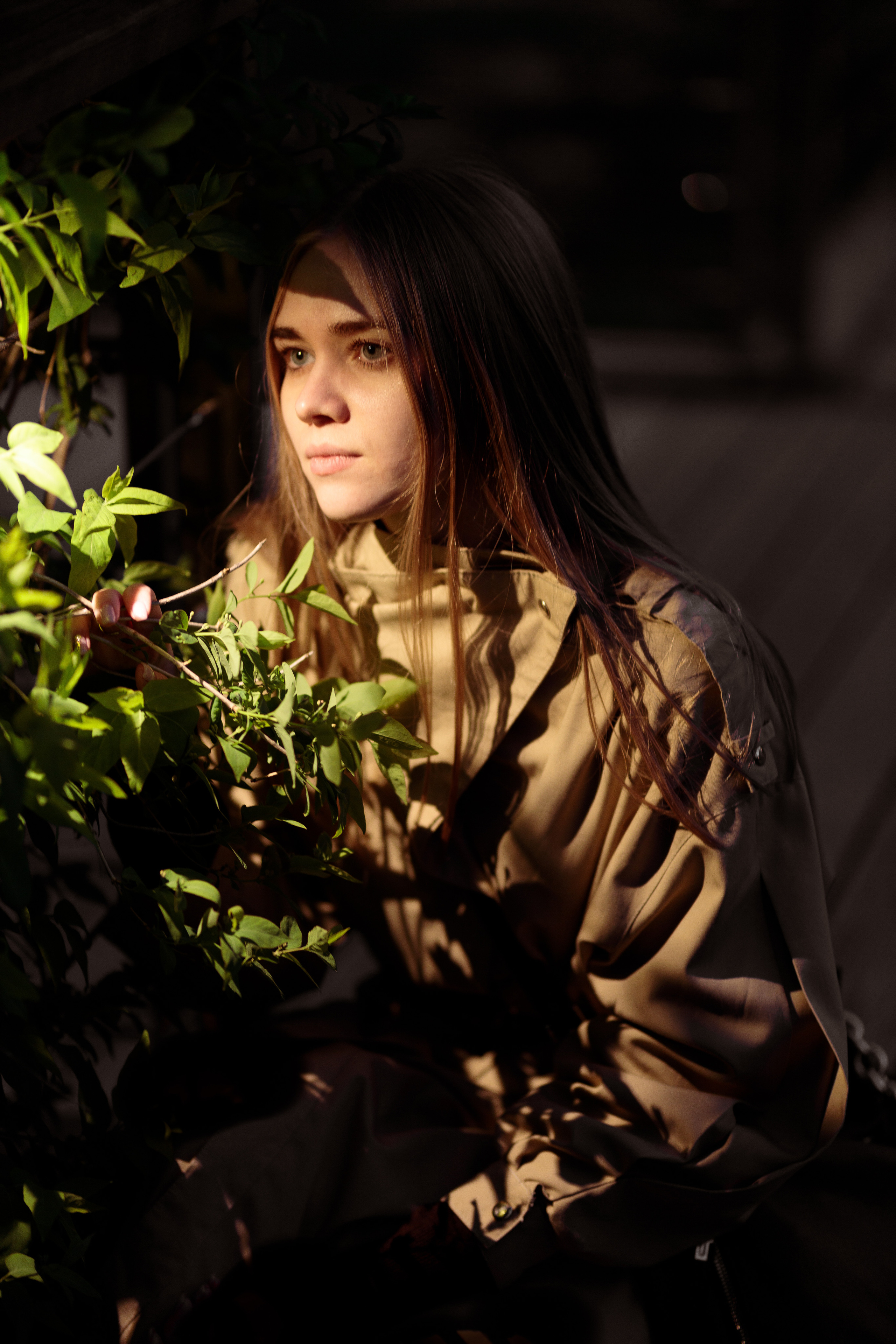 Стильная портретная фотосессия девушки среди деревьев, тёплый свет, профессиональная уличная съёмка