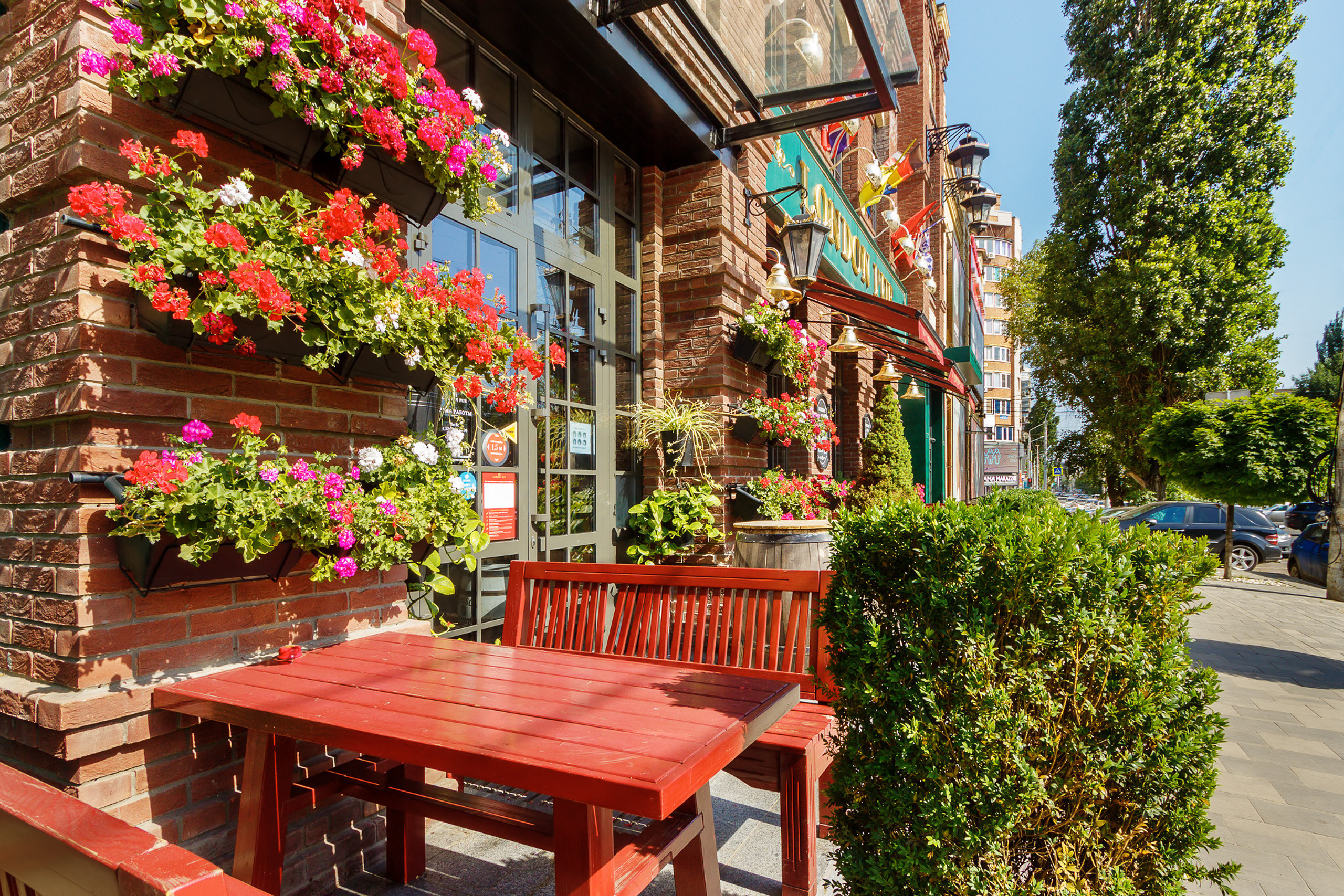 Столик на летней террасе ресторана в Ростове-на-Дону с живыми цветами, растущими в горшках на стене