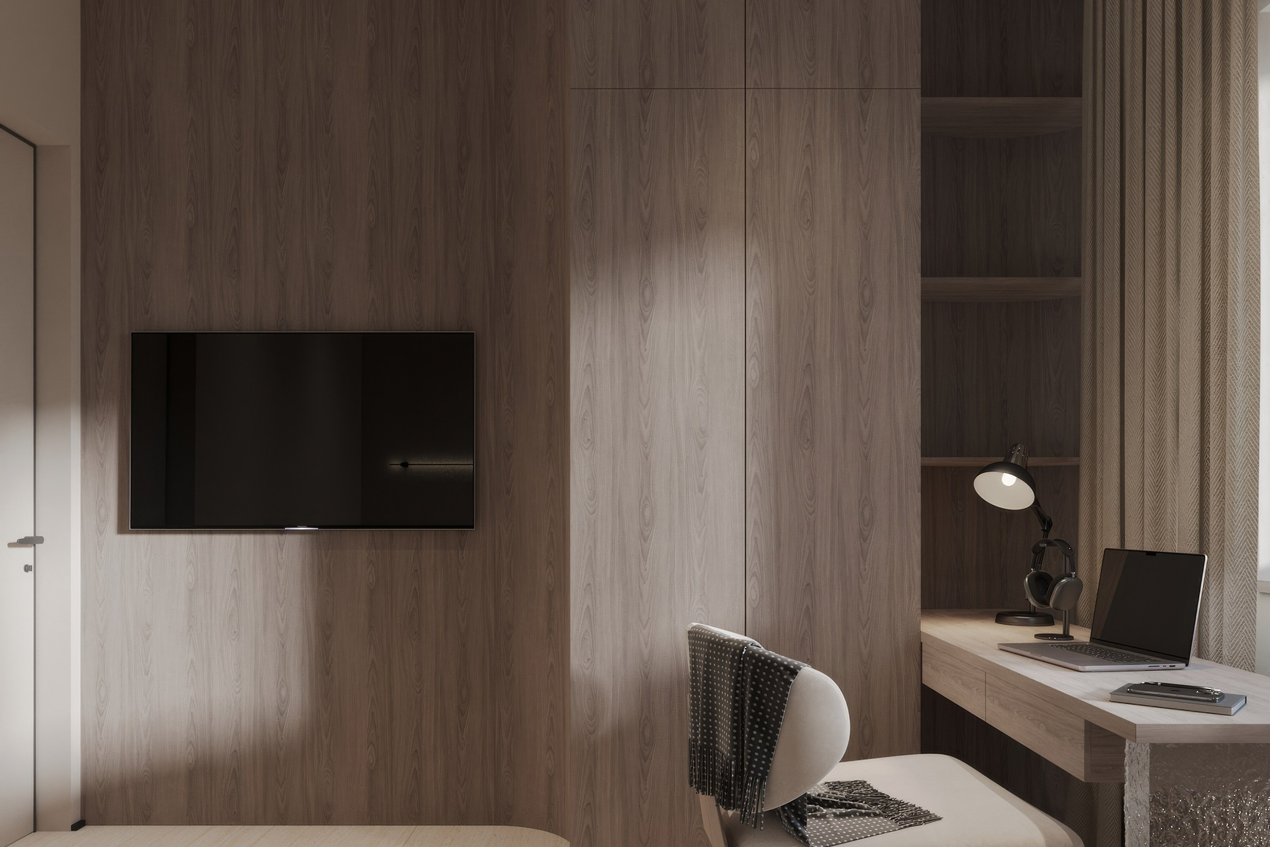 Интерьер квартиры в тёплых тонах — 3D визуализация от Baxx Pro для дизайнера Дианы Кова. 3Д Визуализация Интерьера и Архитектуры