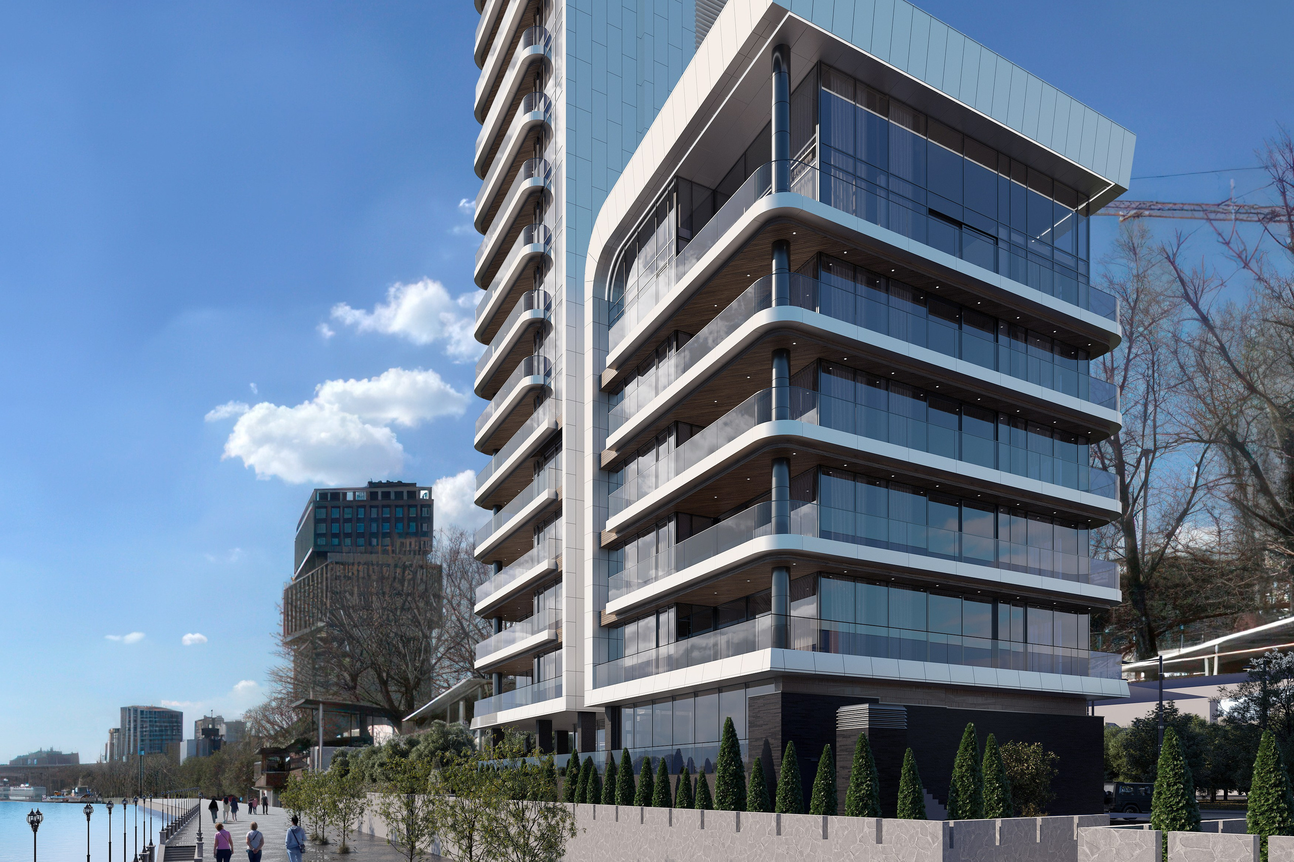 High-Rise Building by the Waterfront — 3D Architectural Visualization. 3D INTERIOR AND ARCHITECTURE VISUALIZATION