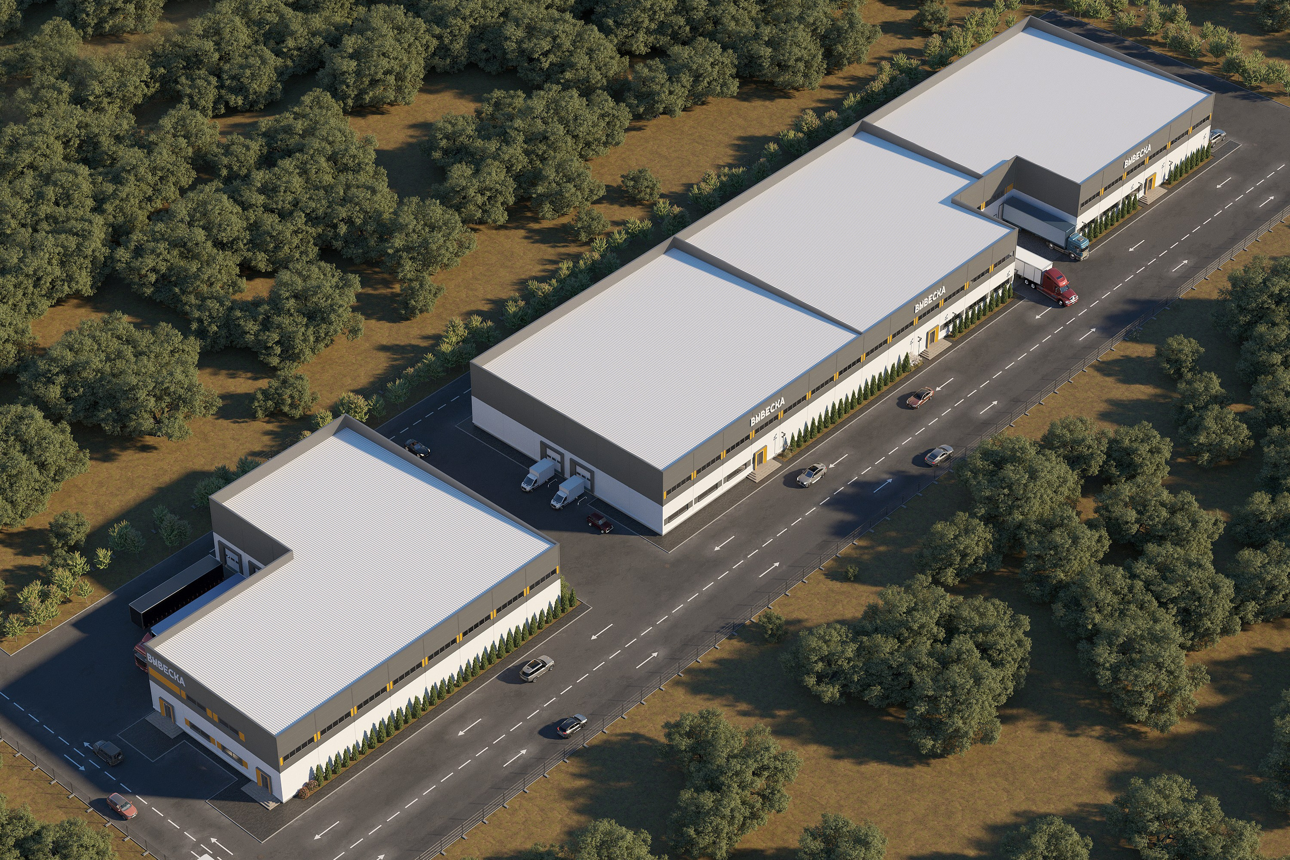 Реалистичный рендер промышленного склада с акцентом на детали.