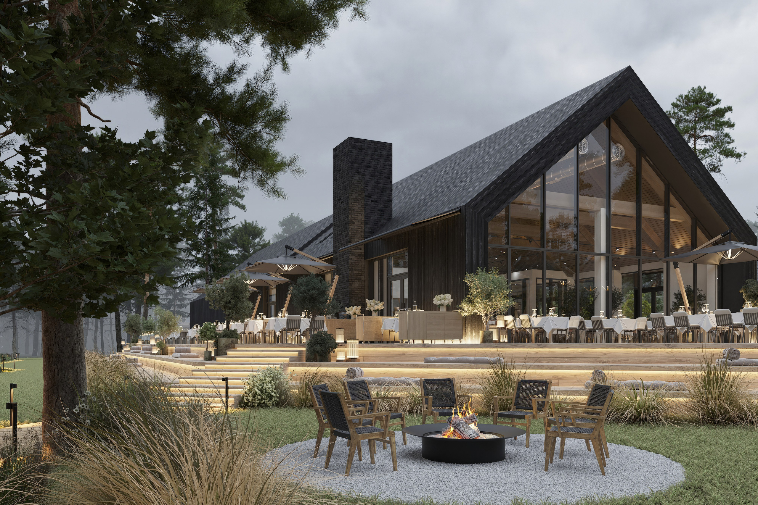 Кафе-зона с панорамным остеклением среди деревьев