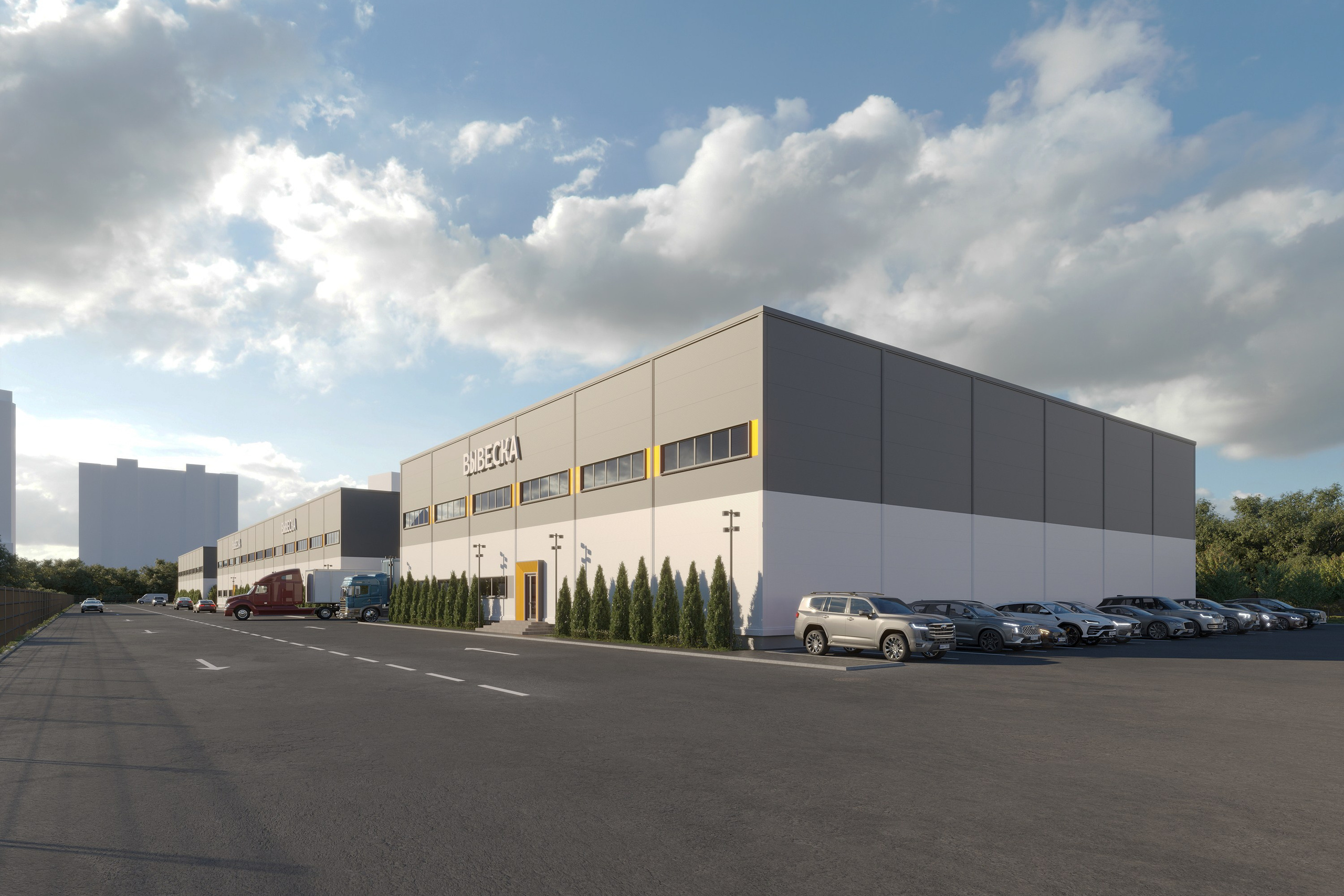 3D визуализация промышленного здания с высокой детализацией.