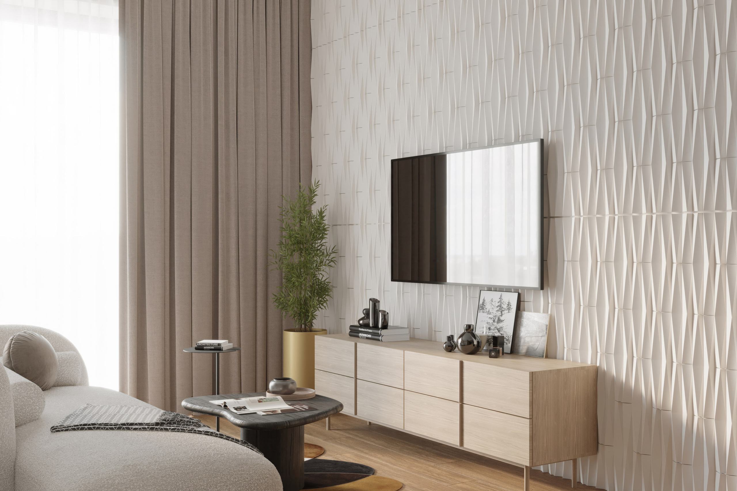 3Д визуализация и дизайн кухни-гостиной в премиальой квартире. Город Сочи.