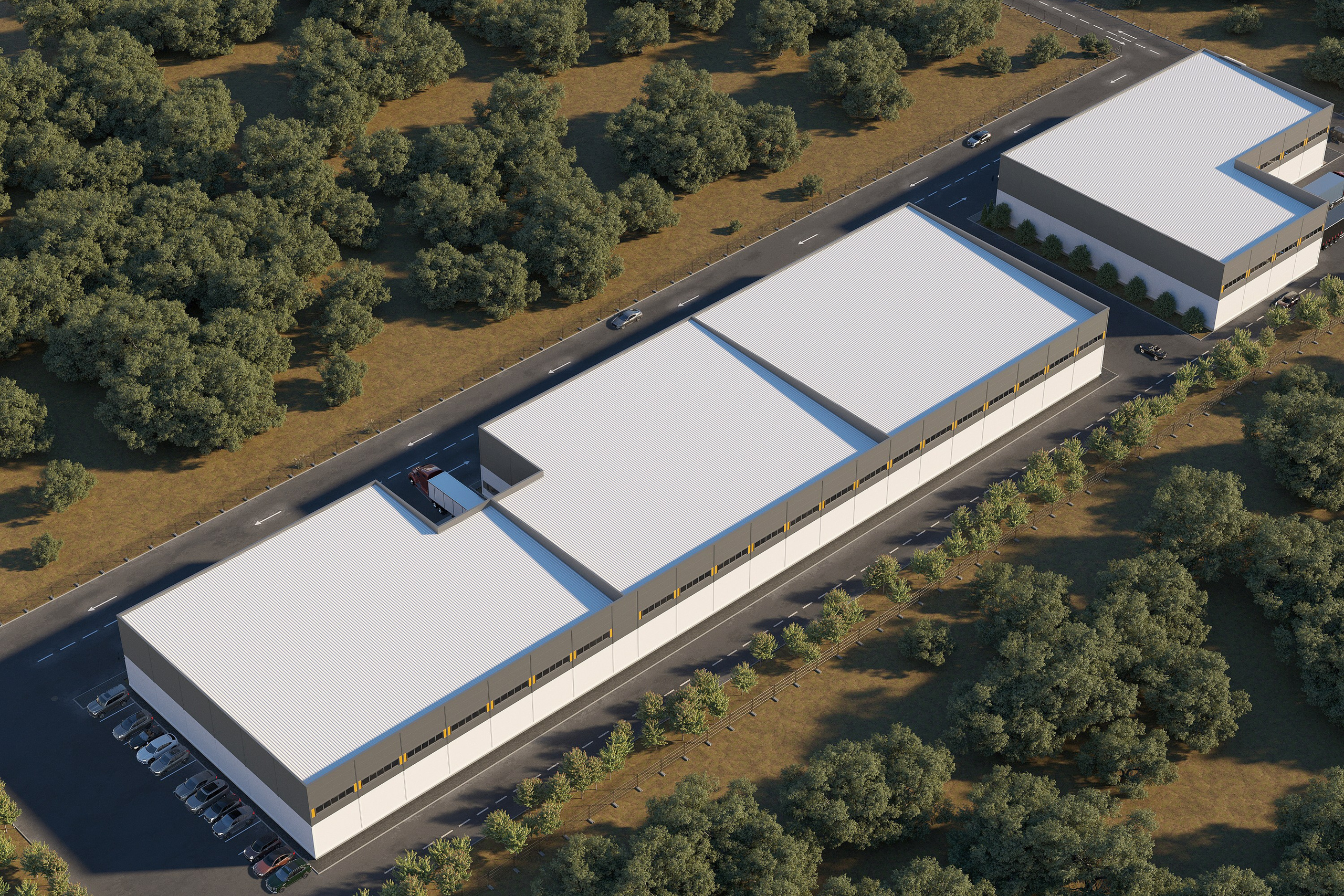 3D-визуализация функционального и современного промышленного склада.