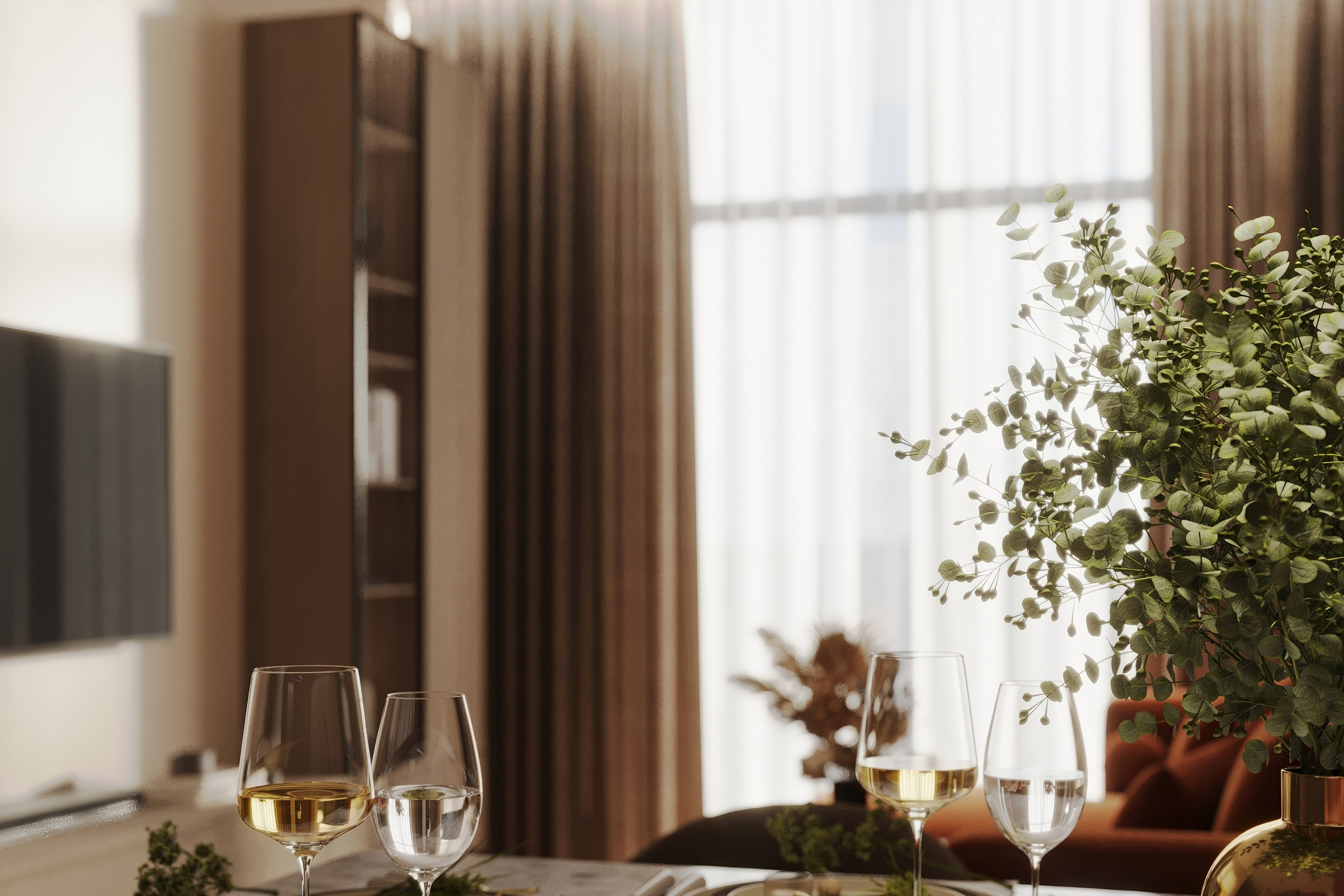 Квартира-студия — тёплый современный интерьер. 3Д Визуализация Интерьера и Архитектуры