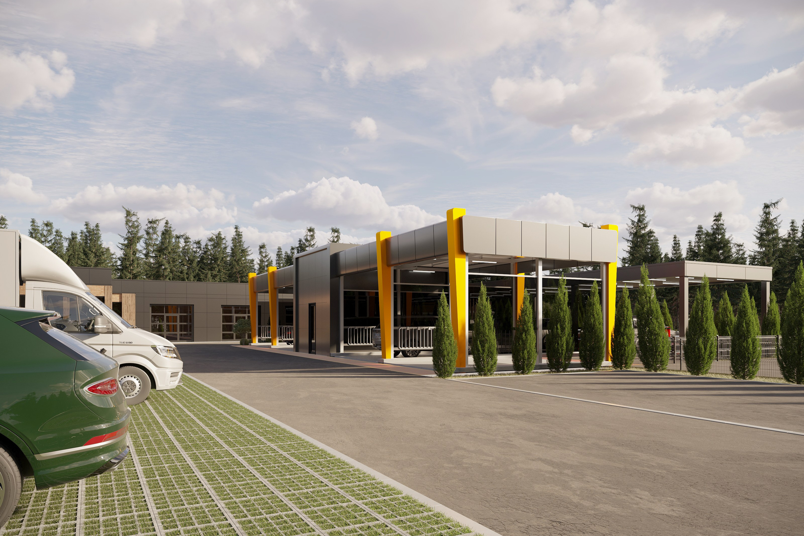 Car Wash, Service Station & Café — Full 3D Visualization with Site Design. 3D INTERIOR AND ARCHITECTURE VISUALIZATION