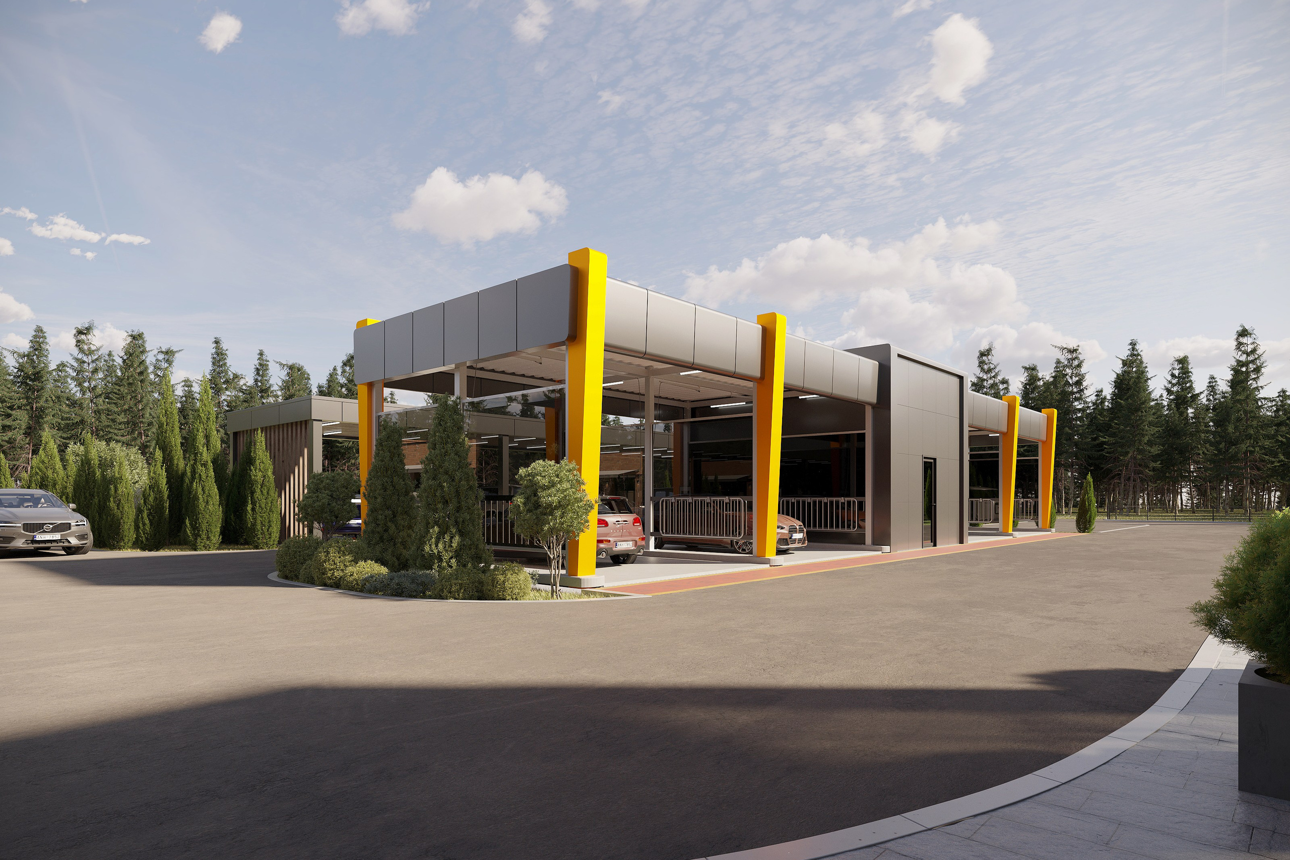 Car Wash, Service Station & Café — Full 3D Visualization with Site Design. 3D INTERIOR AND ARCHITECTURE VISUALIZATION