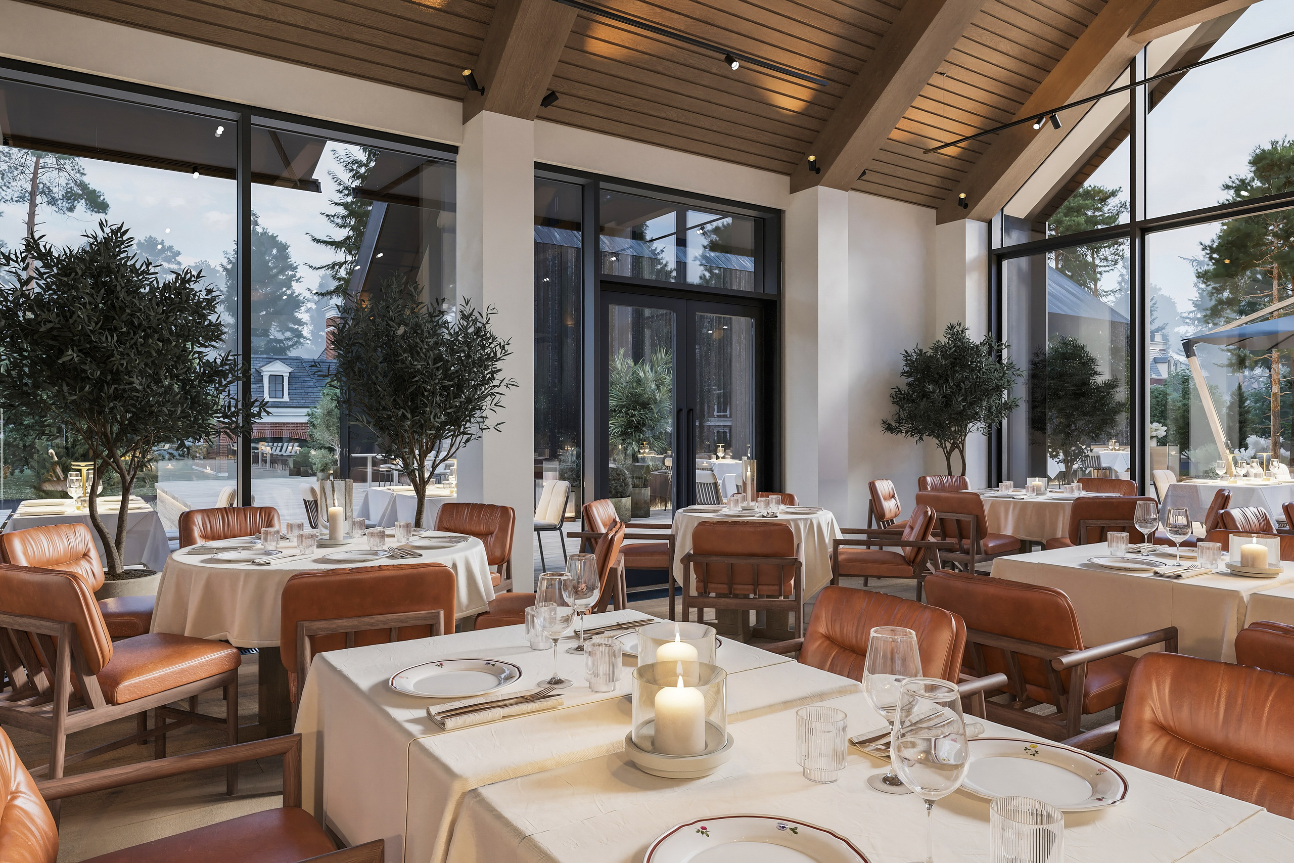 Интерьер зала ресторана с деревянными потолками и натуральными текстурами