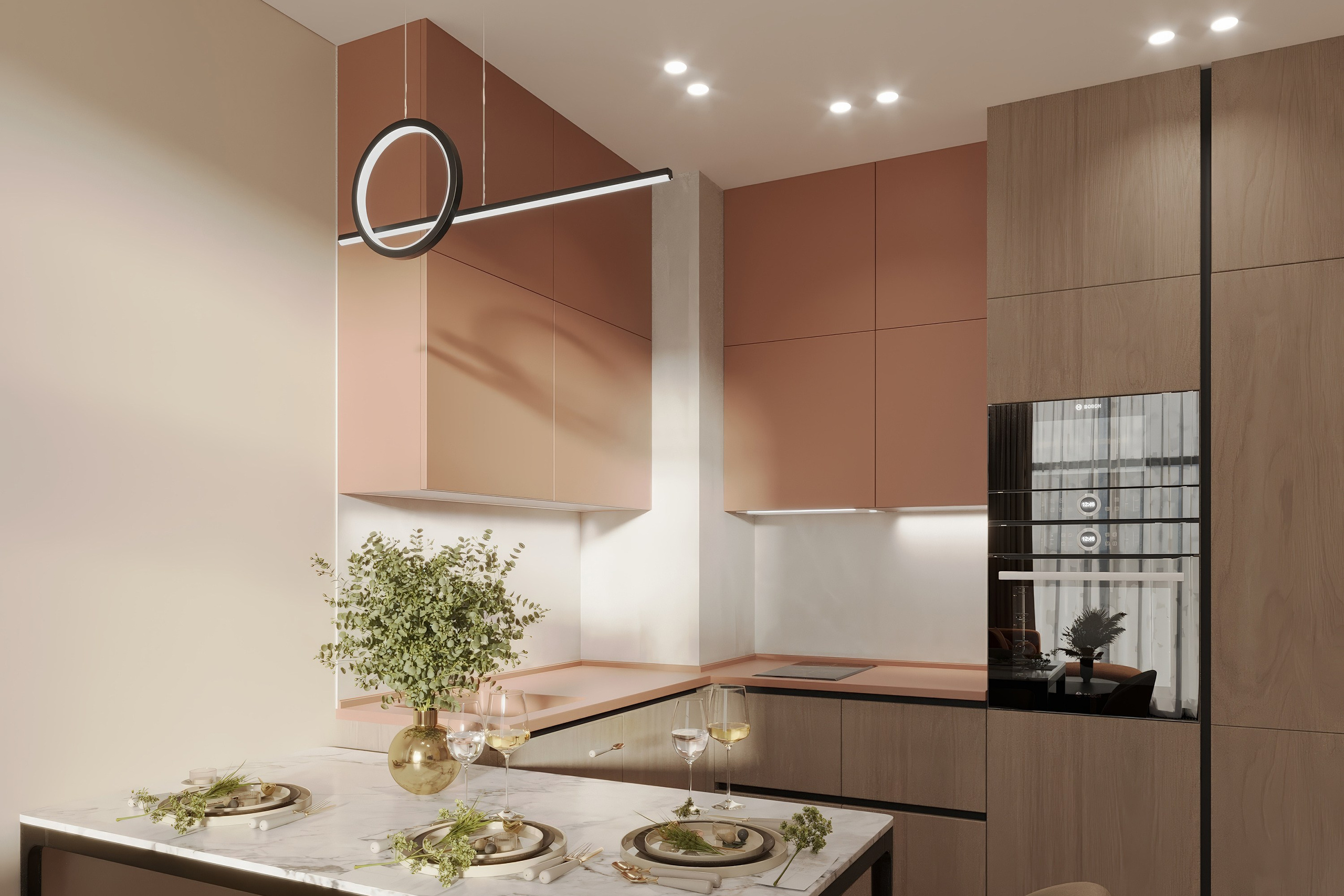 Квартира-студия — тёплый современный интерьер. 3Д Визуализация Интерьера и Архитектуры