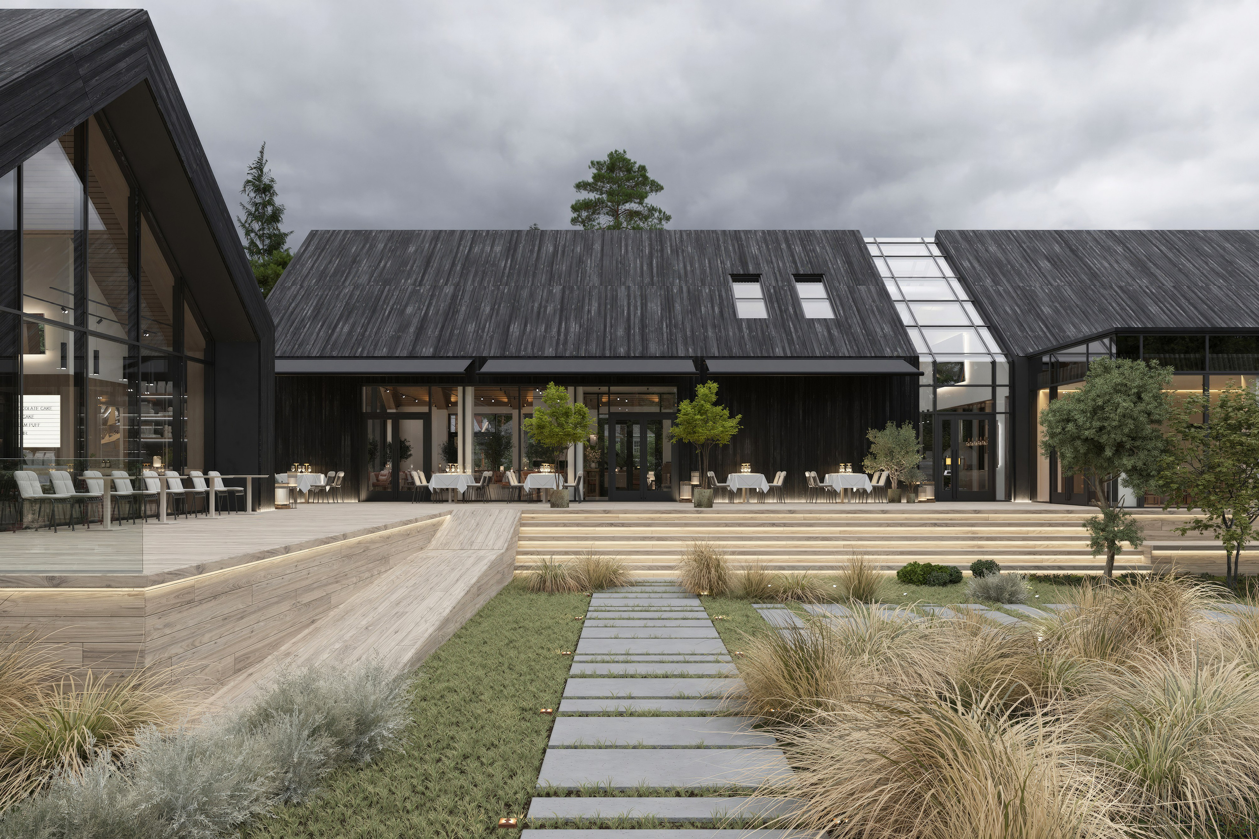 Главный фасад ресторана с просторной террасой и аккуратным ландшафтным дизайном