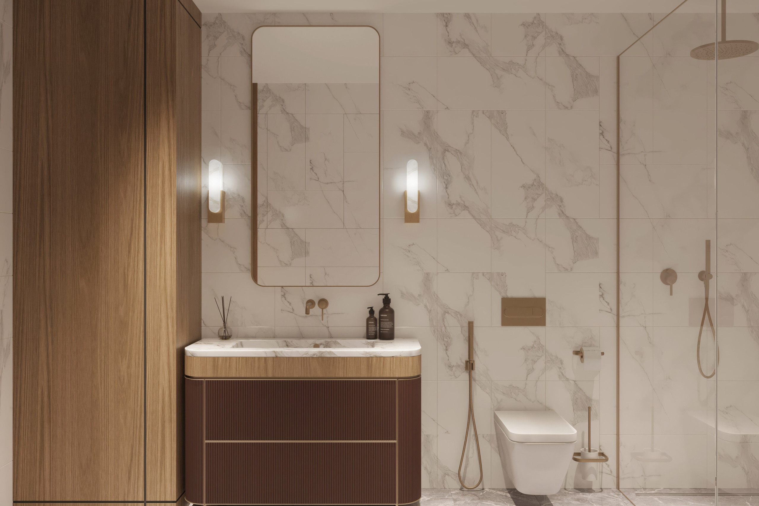 3Д визуализация санузла и дизайн премиальной квартиры. Город Сочи.