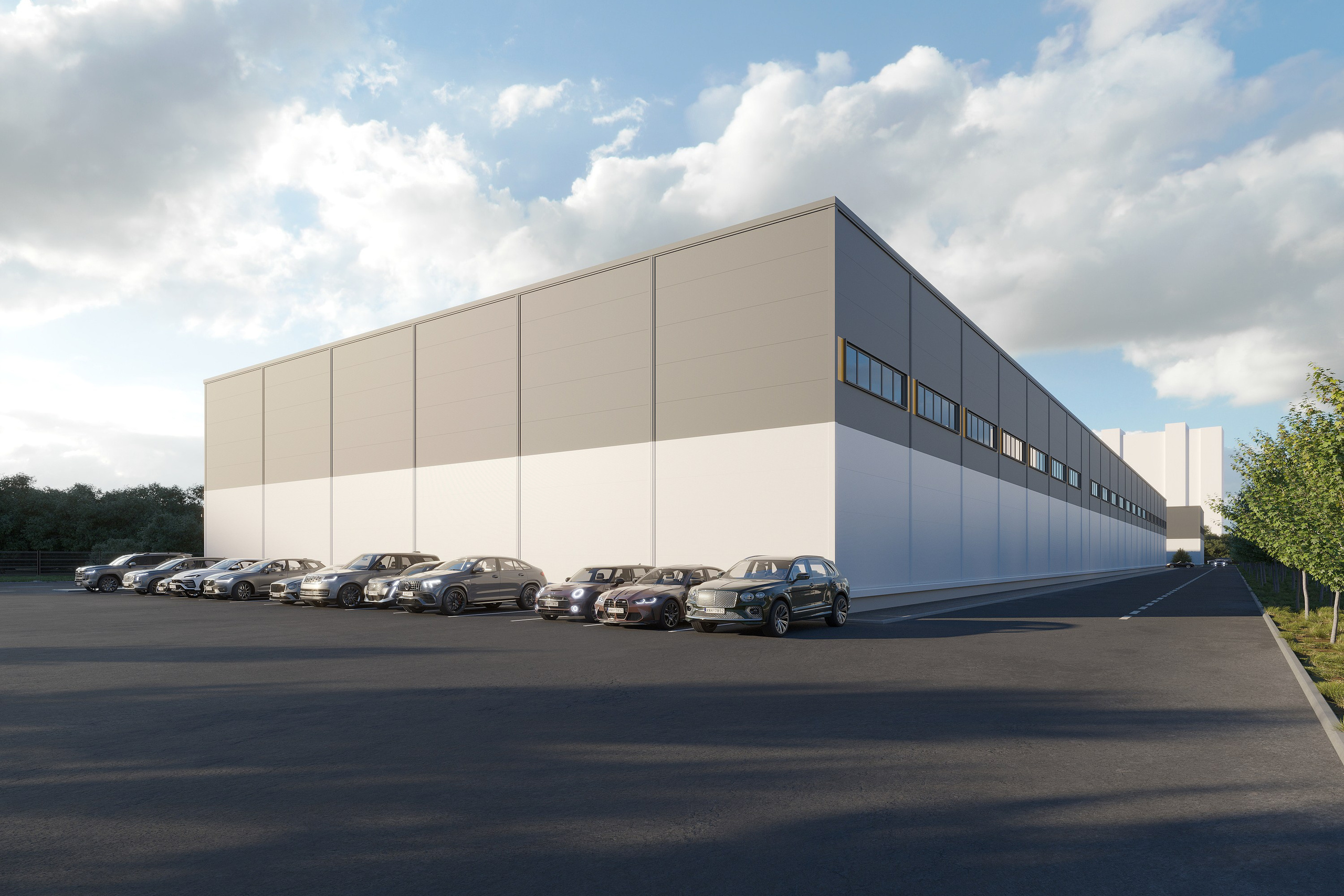 Рендер современного промышленного склада для маркетинга.