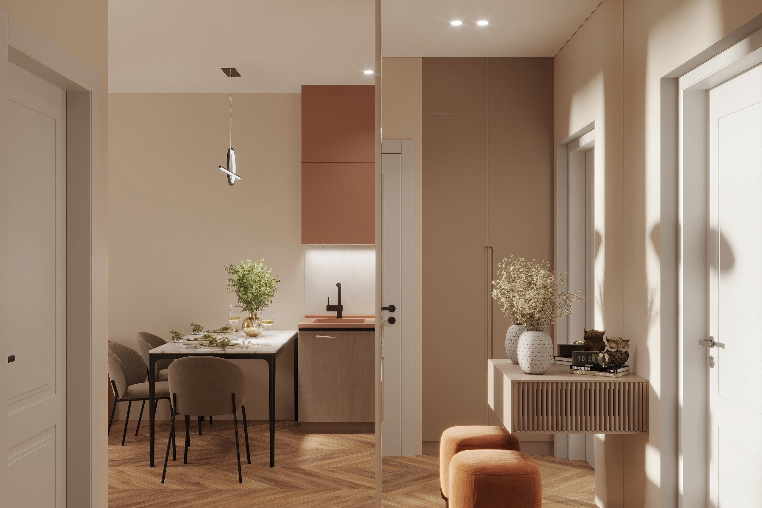 Квартира-студия — тёплый современный интерьер. 3Д Визуализация Интерьера и Архитектуры