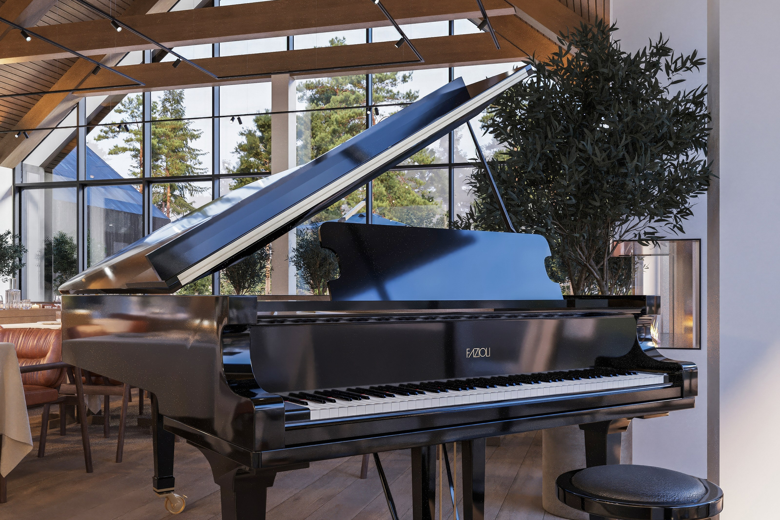 Интерьер зала ресторана с фортепиано