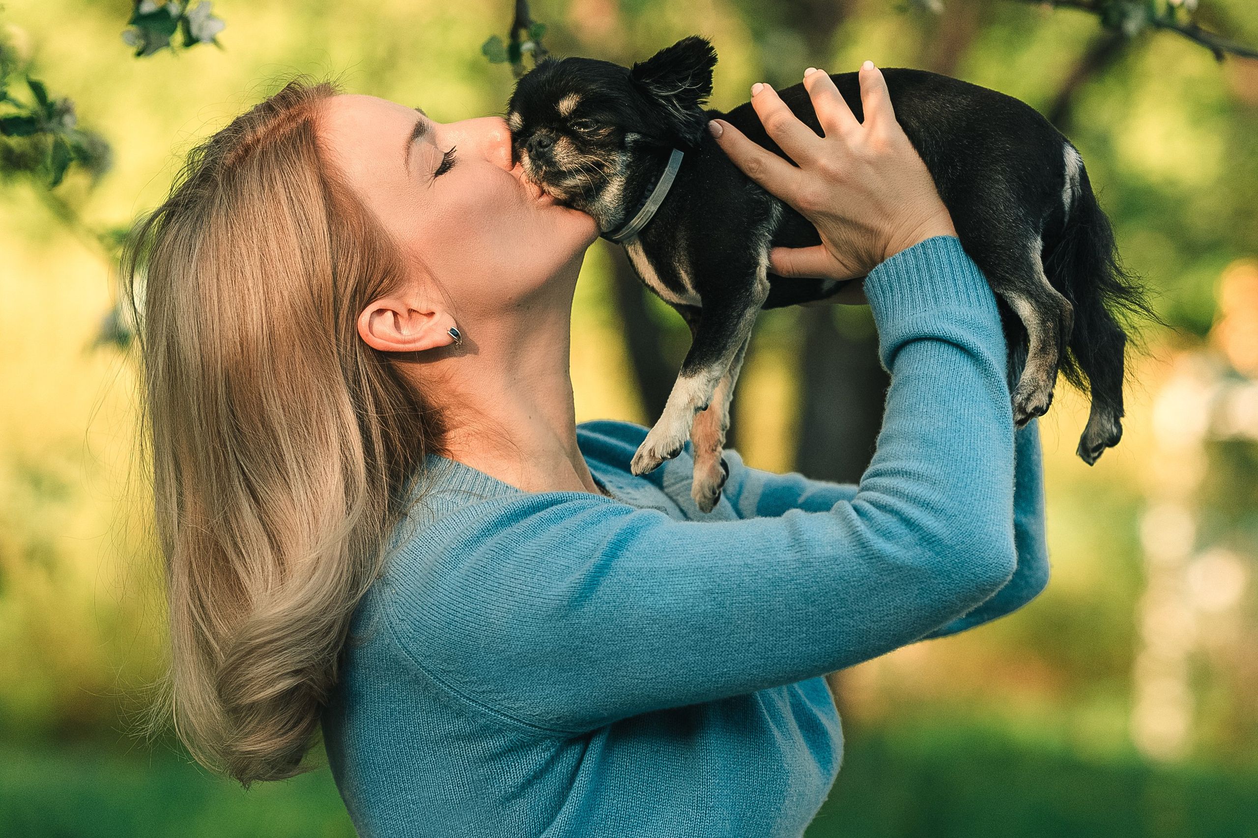 Фотосессия с собакой в цветении яблонь