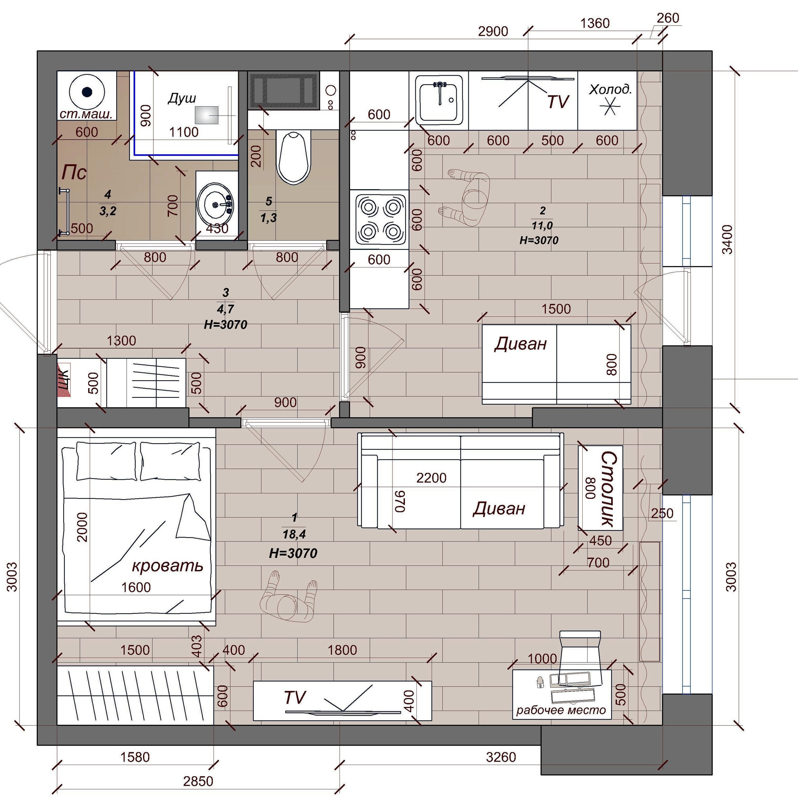 Перепланировка однокомнатной квартиры
