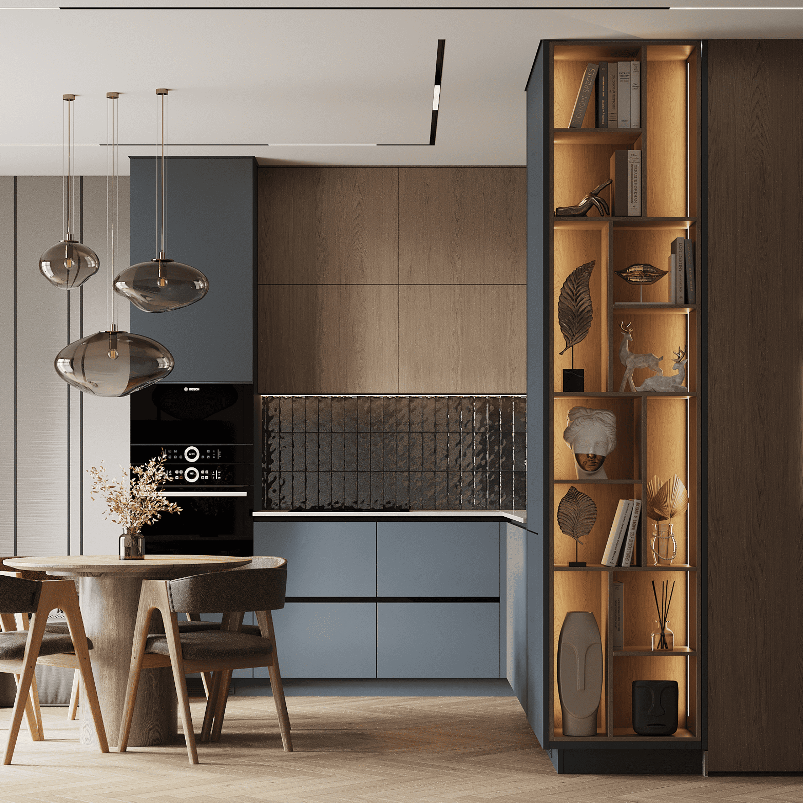 Warm modern kitchen and family room