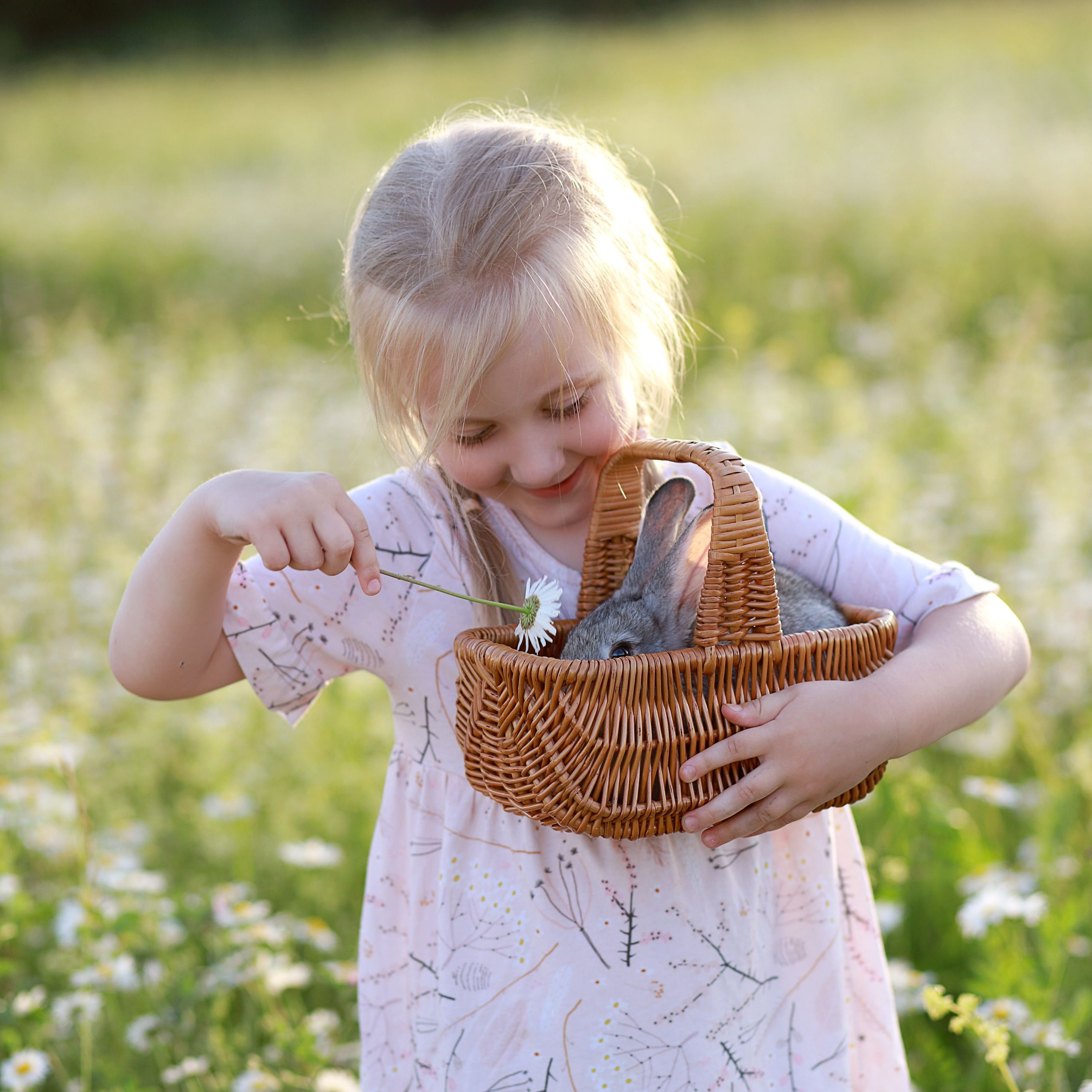 детская фотосессия на природе в поле с кроликом