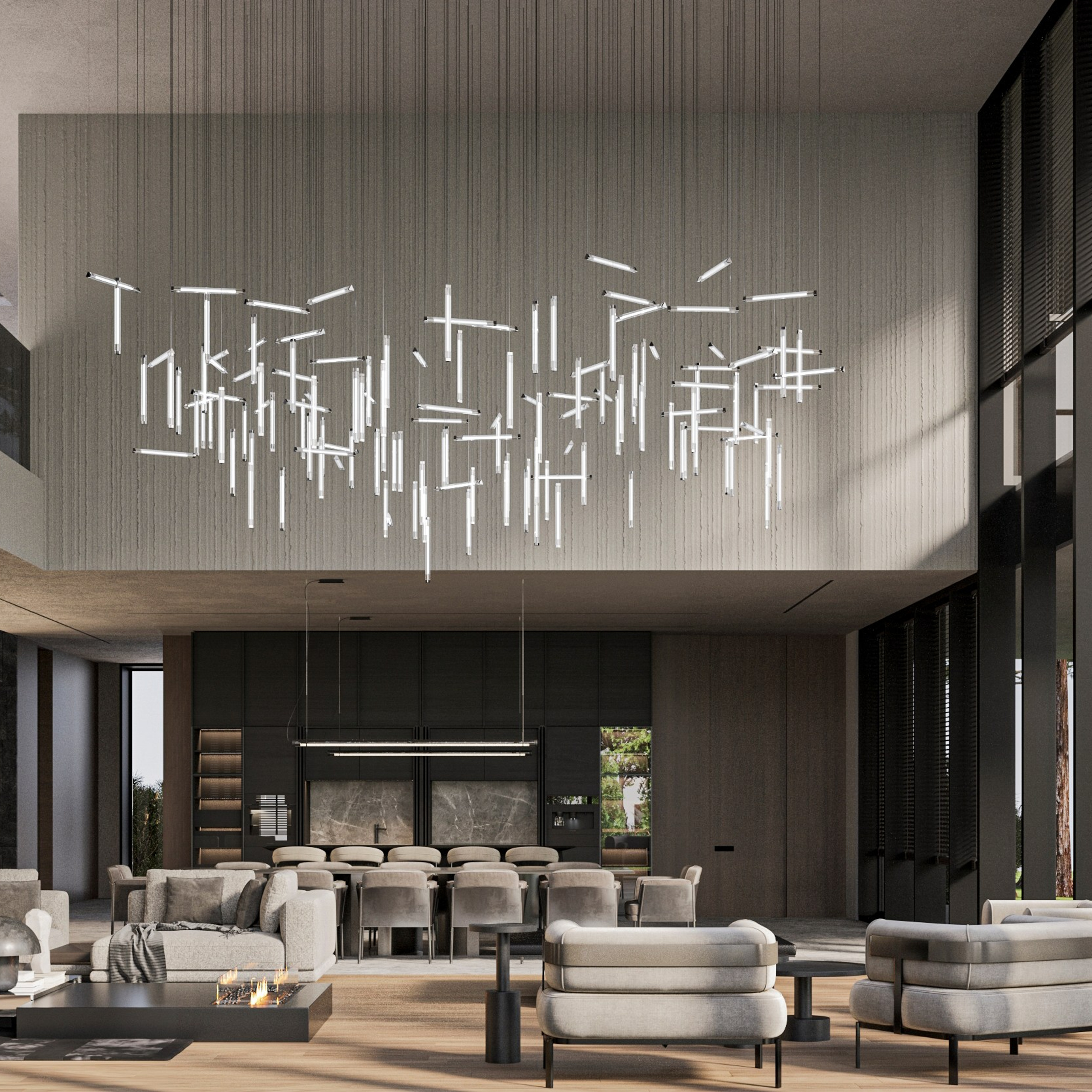 Гостиная, второй свет, двухсветная гостиная, современный интерьер, панорамное остекление в интерьере