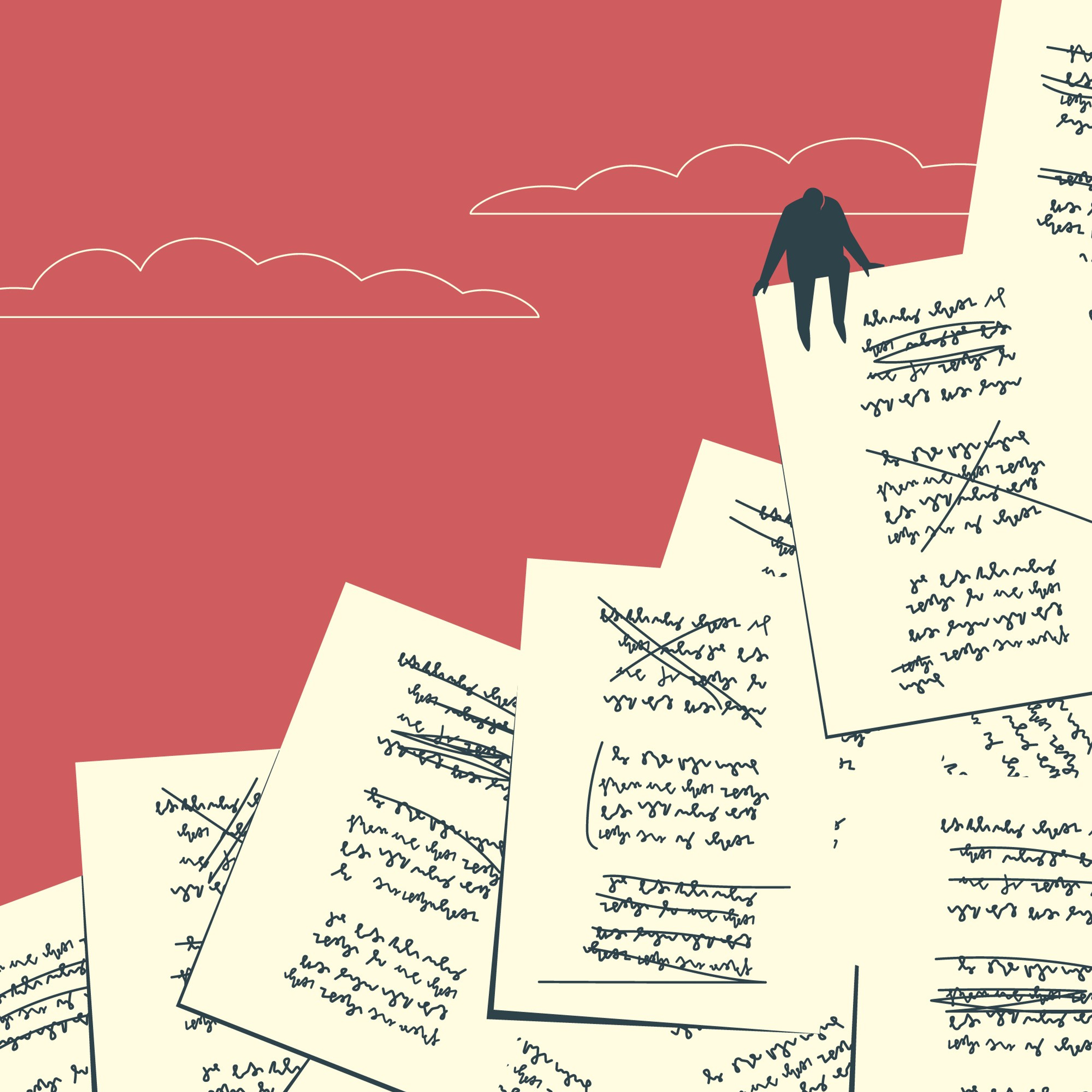 author, writer, composer, poet, creativity, illustration, motivation, inspiration, sky, cloud, cliff, text, sheet, paper, tired, conceptual, editorial,  иллюстрация, концептуальная, редакционная, мотивация, вдохновение, мечта, автор, писатель, творчество, трудность