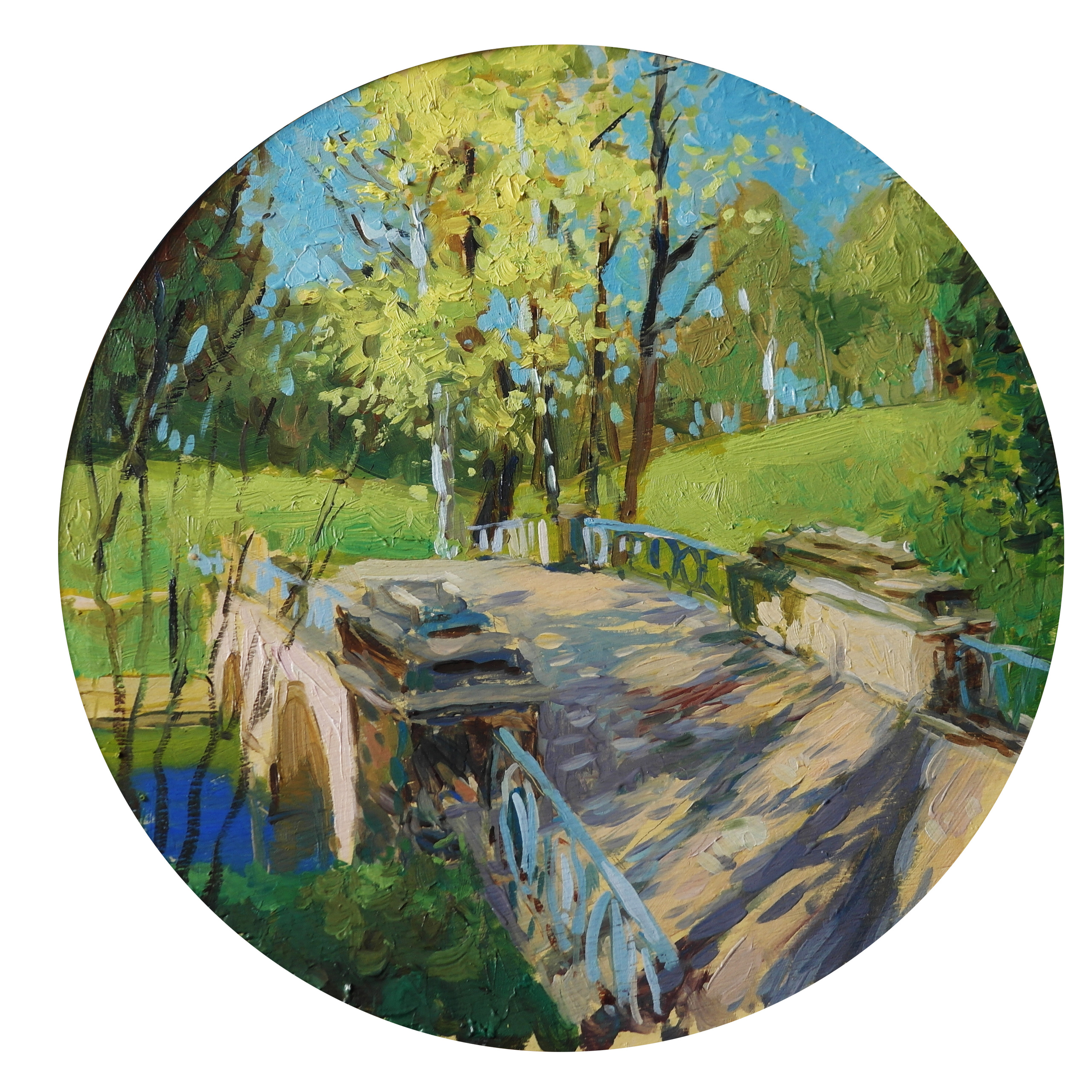 Мост в Павловске - диаметр 30см, дерево, масло.