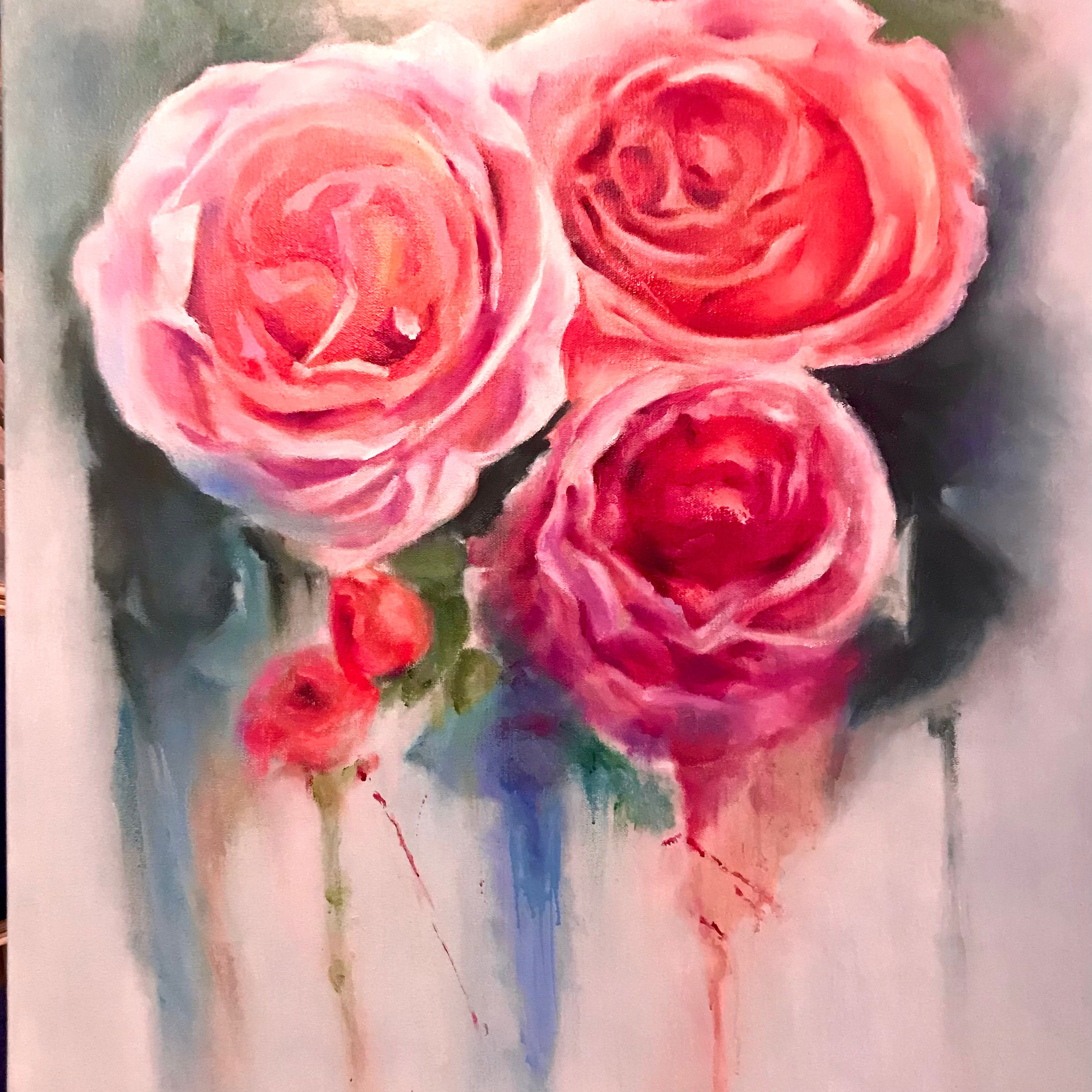 Алые розы - интерьерная картина, написана на заказ, холст, масло, 100 смх80 см, в частной коллекции