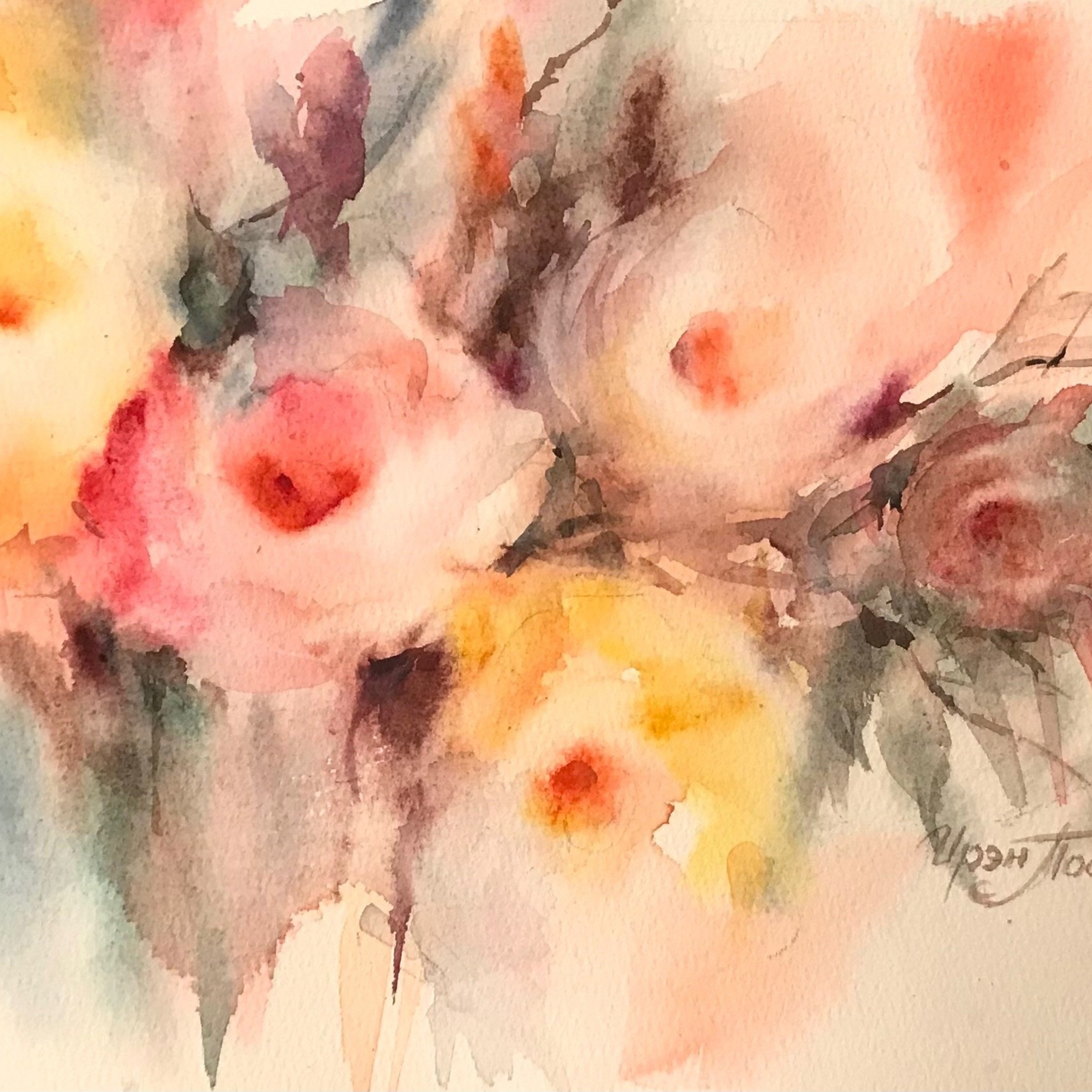 Зефирные розы - акварель Ирэн Постольной, миниатюра, в продаже