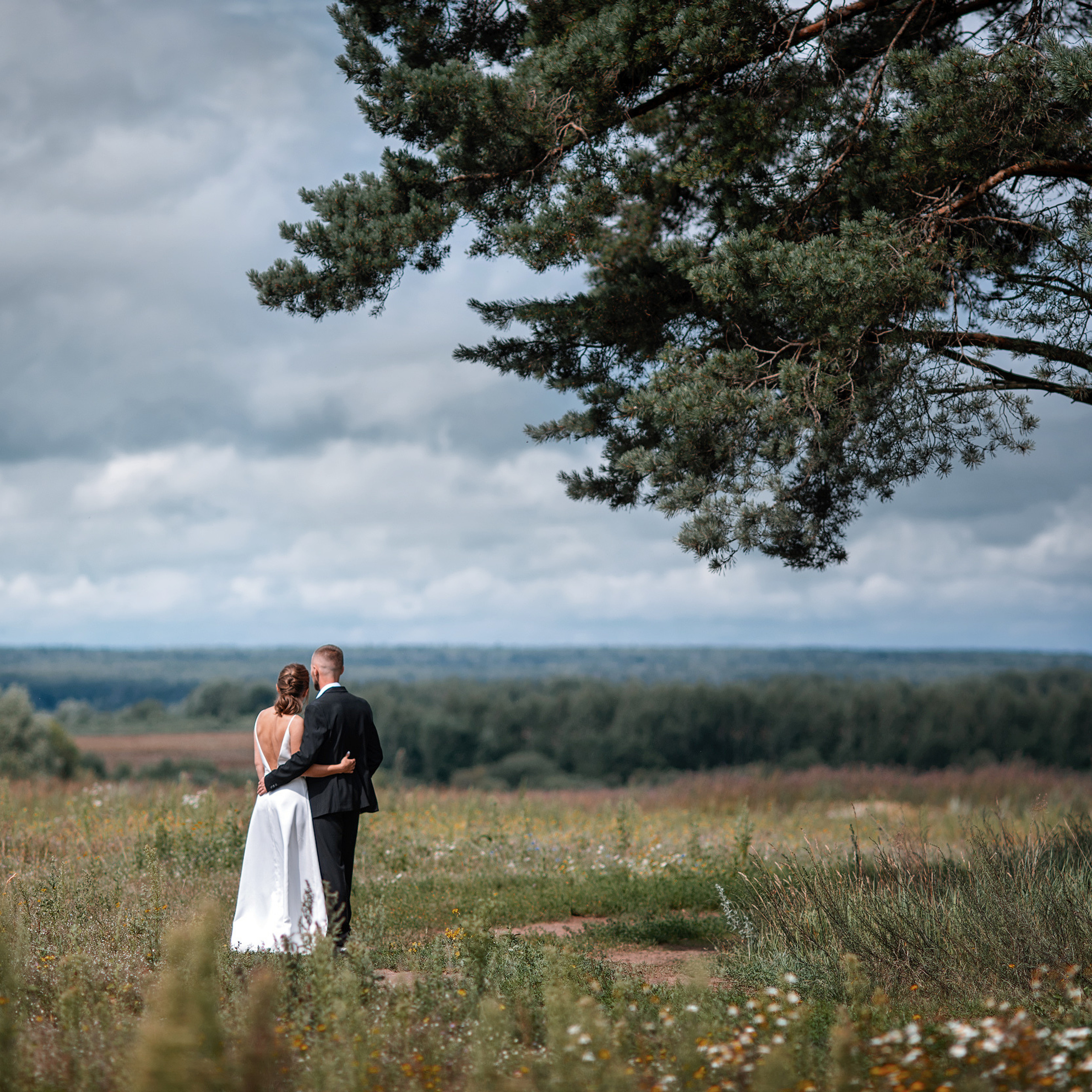 На сосновой опушке недалеко от города Клин, стоят обнявшись молодожены
